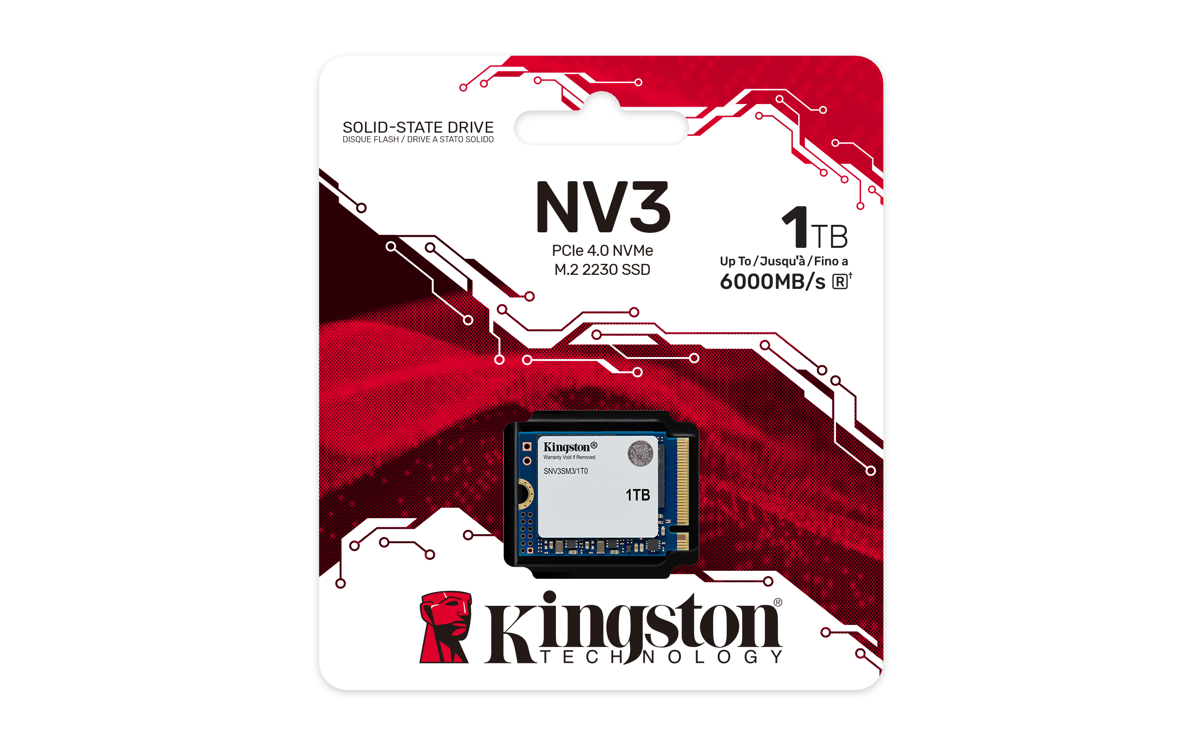 Opakowanie dysku SSD Kingston NV3 1TB. Ma biało-czerwony design, z logo Kingston i specyfikacjami dysku.