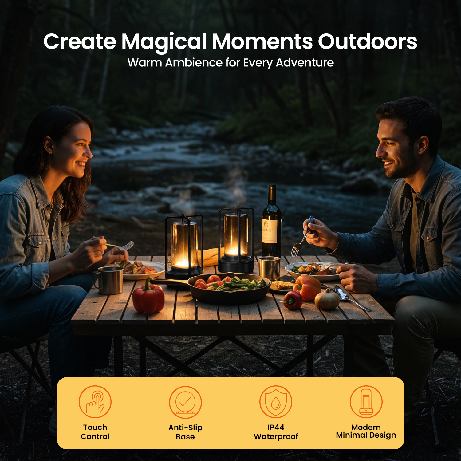 A couple dining outdoors at night. A wooden table with food, lanterns, and wine. Forest in the background. Marketing text on top and icons below.