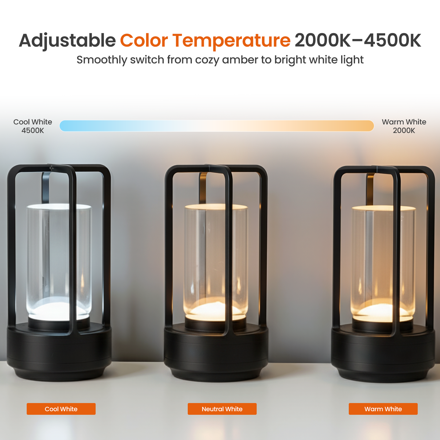 Three lamps show adjustable color temperature. Cool white to warm white. Each lamp has a black frame, glass, and a light source.