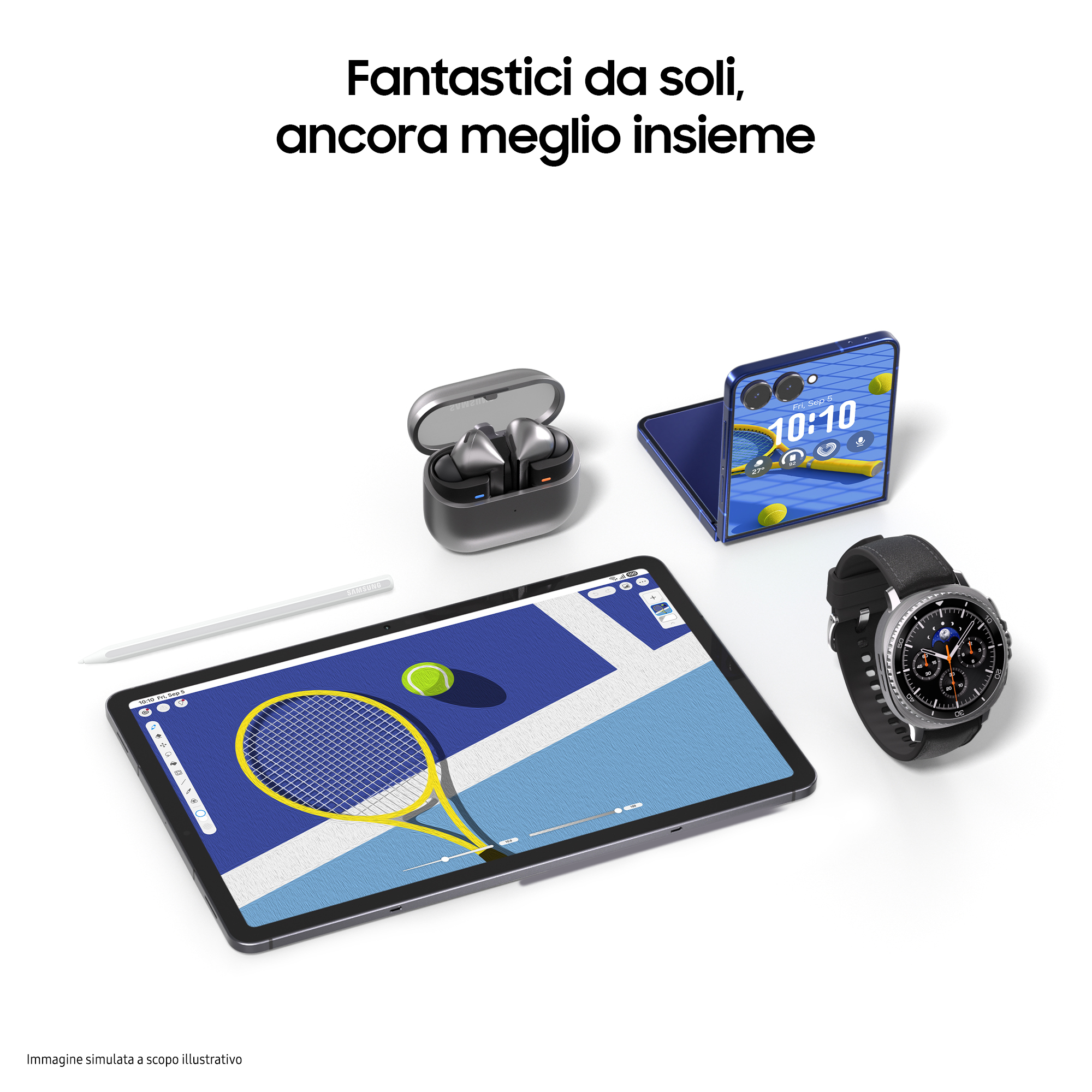 Obraz przedstawia słuchawki, telefon, tablet i zegarek. Tablet wyświetla kort tenisowy. Telefon pokazuje piłki.