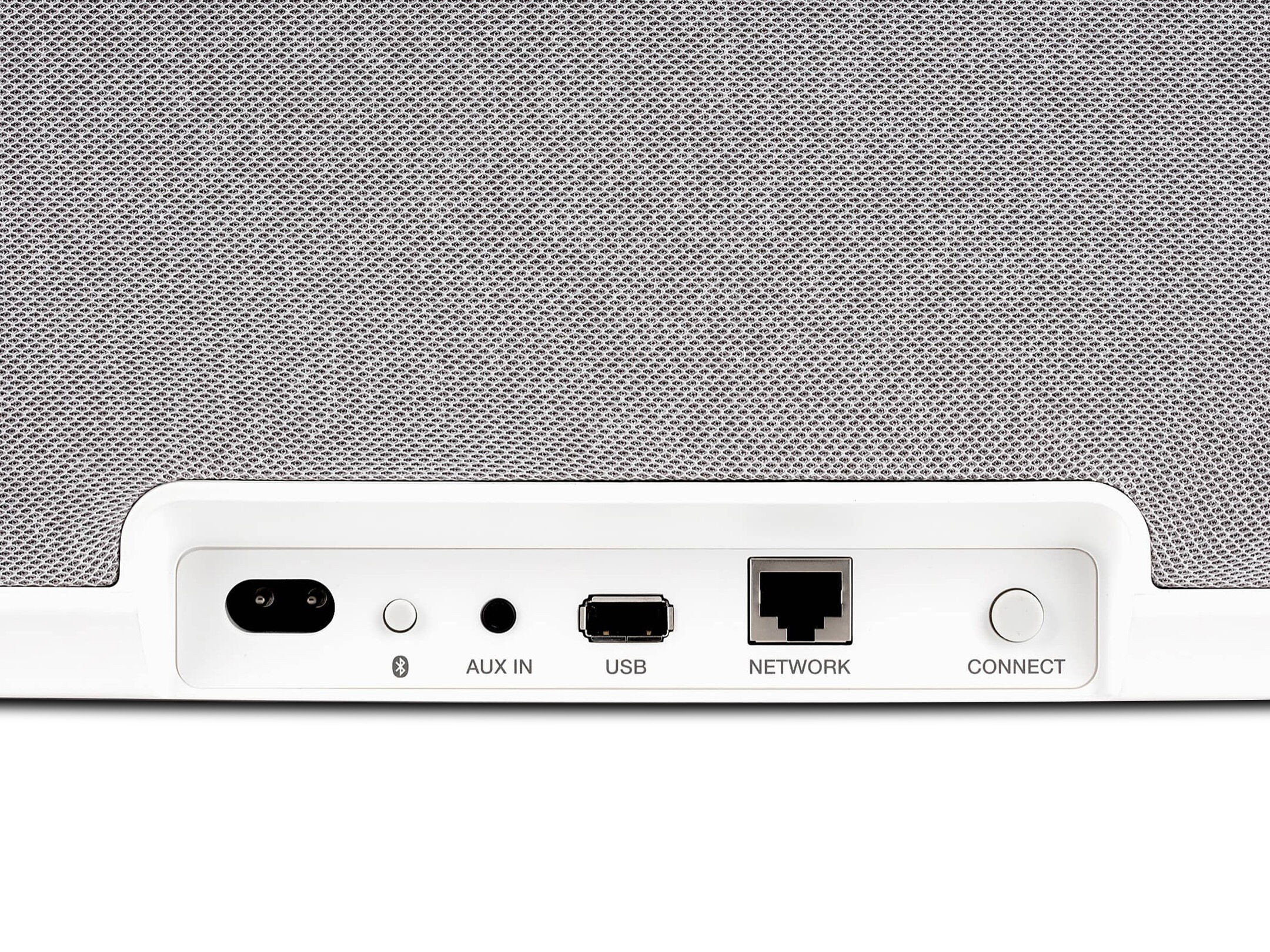 Zbliżenie tylnego panelu głośnika z różnymi portami: zasilanie, Bluetooth, AUX, USB, sieć i przycisk connect.