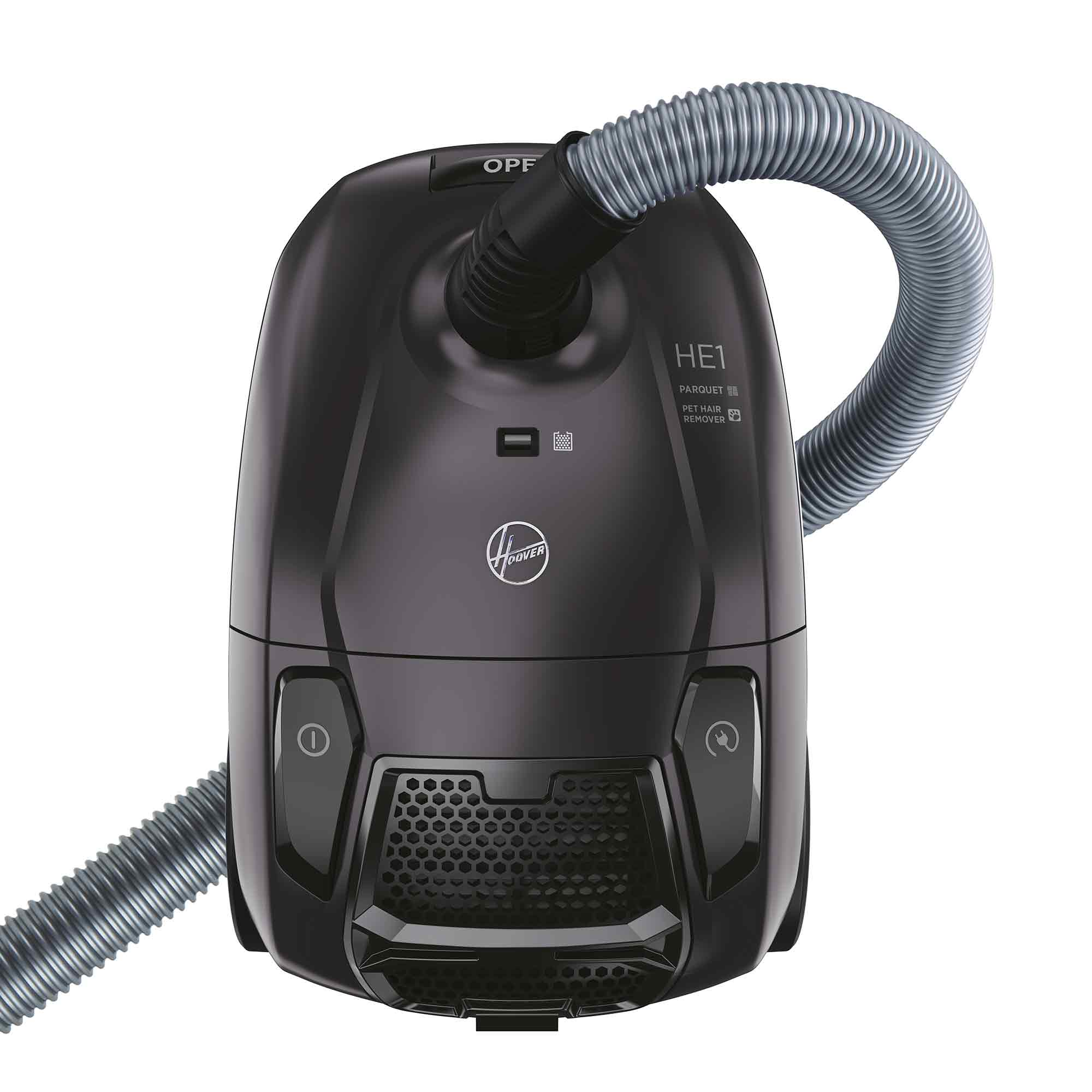 Czarny odkurzacz Hoover HE1 z szarym wężem. Widoczne są przyciski zasilania i inne elementy sterujące.