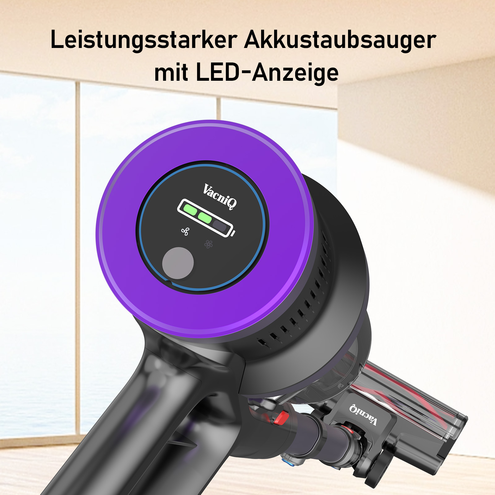 Ein Handstaubsauger mit lila Akzenten und LED-Anzeige für die Akkulaufzeit.