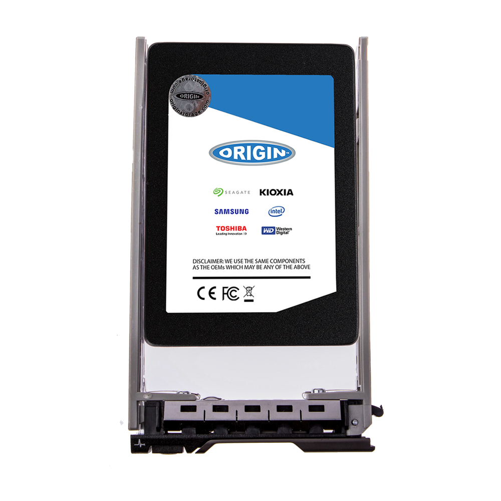 Un SSD Origin con i loghi di Seagate, KIOXIA, Samsung, Intel, Toshiba e WD. Ha un'etichetta blu e bianca e una cornice metallica.