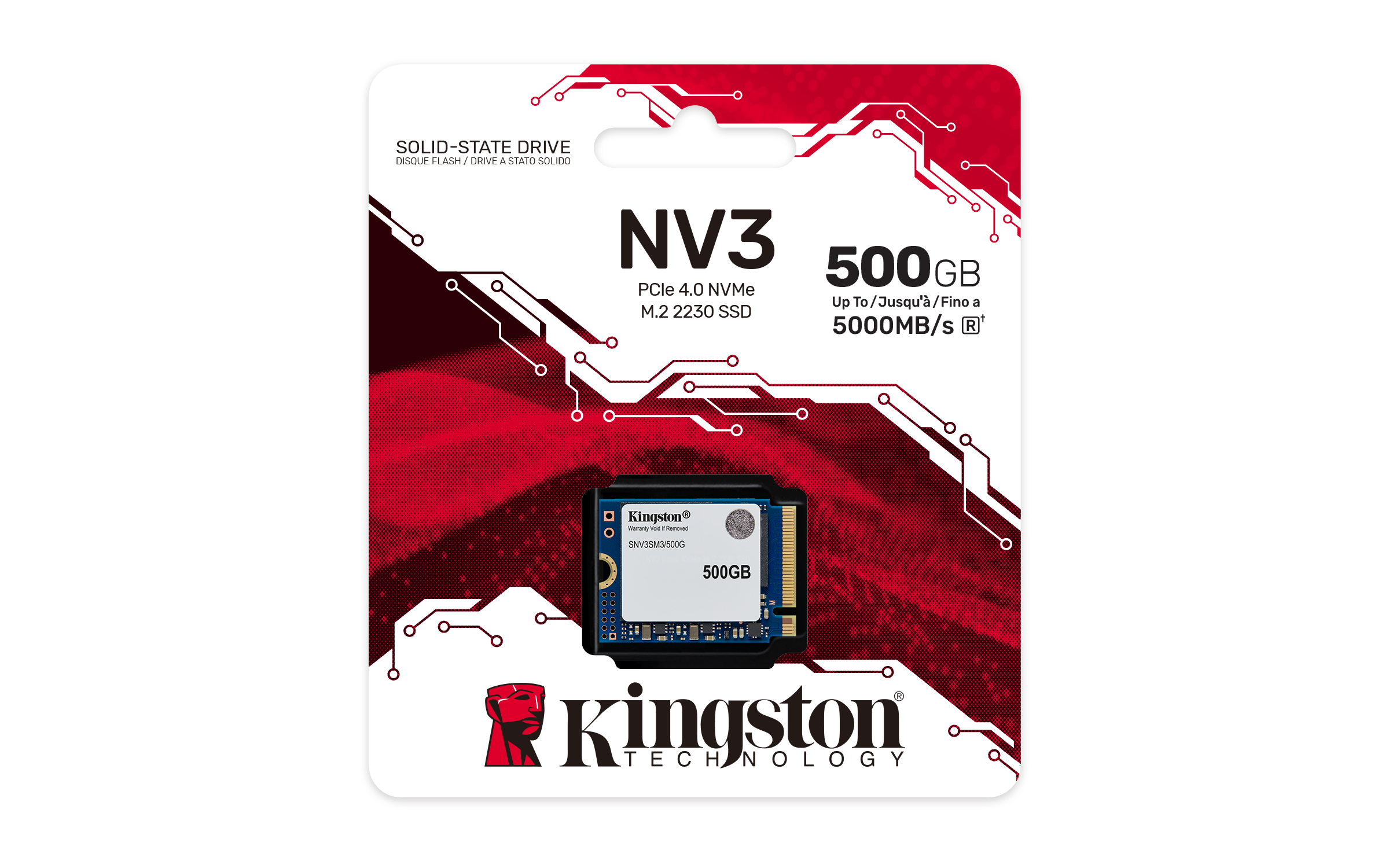 Dysk SSD Kingston NV3 500GB na czerwono-białym opakowaniu. Tekst zawiera 'SOLID-STATE DRIVE' i '5000MB/s'.