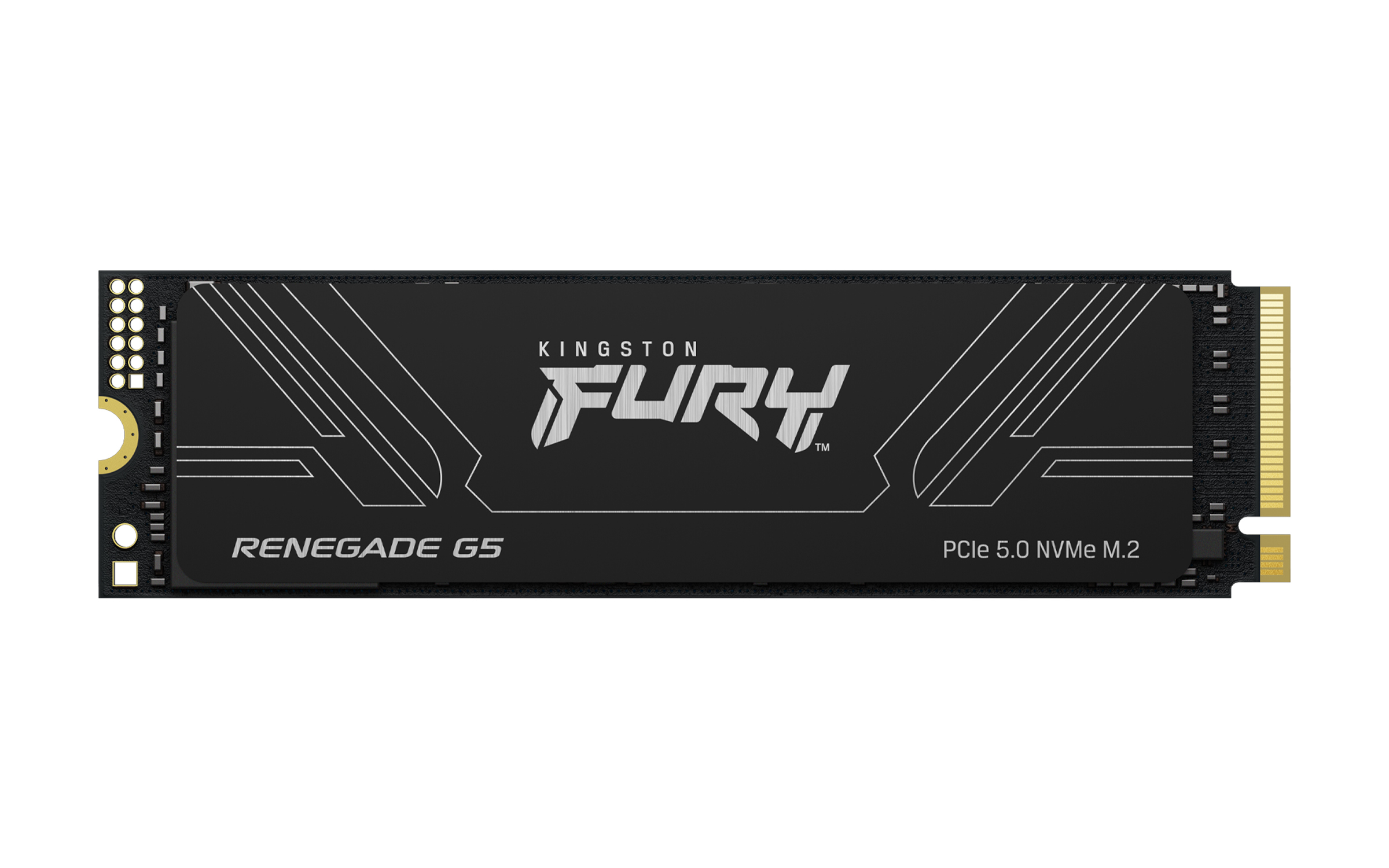 Czarny dysk SSD M.2 NVMe PCIe 5.0 Kingston FURY Renegade G5. Ma biały tekst i elementy designu oraz złote złącza na końcach.