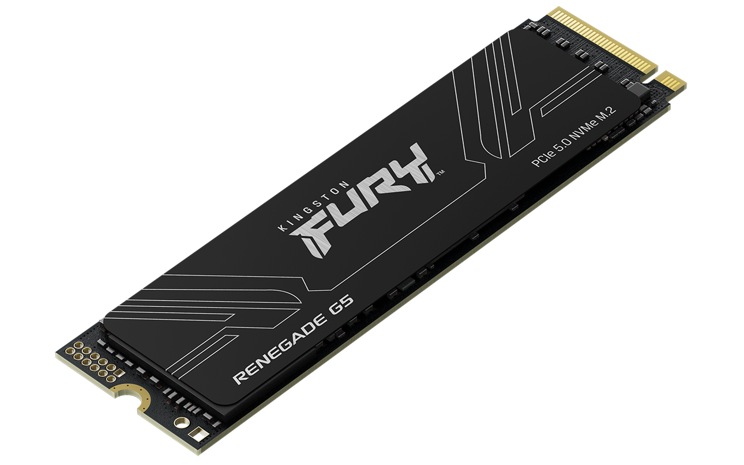 Czarny dysk SSD Kingston Fury Renegade G5 PCIe 5.0 NVMe M.2. Ma złote złącza i biały tekst.