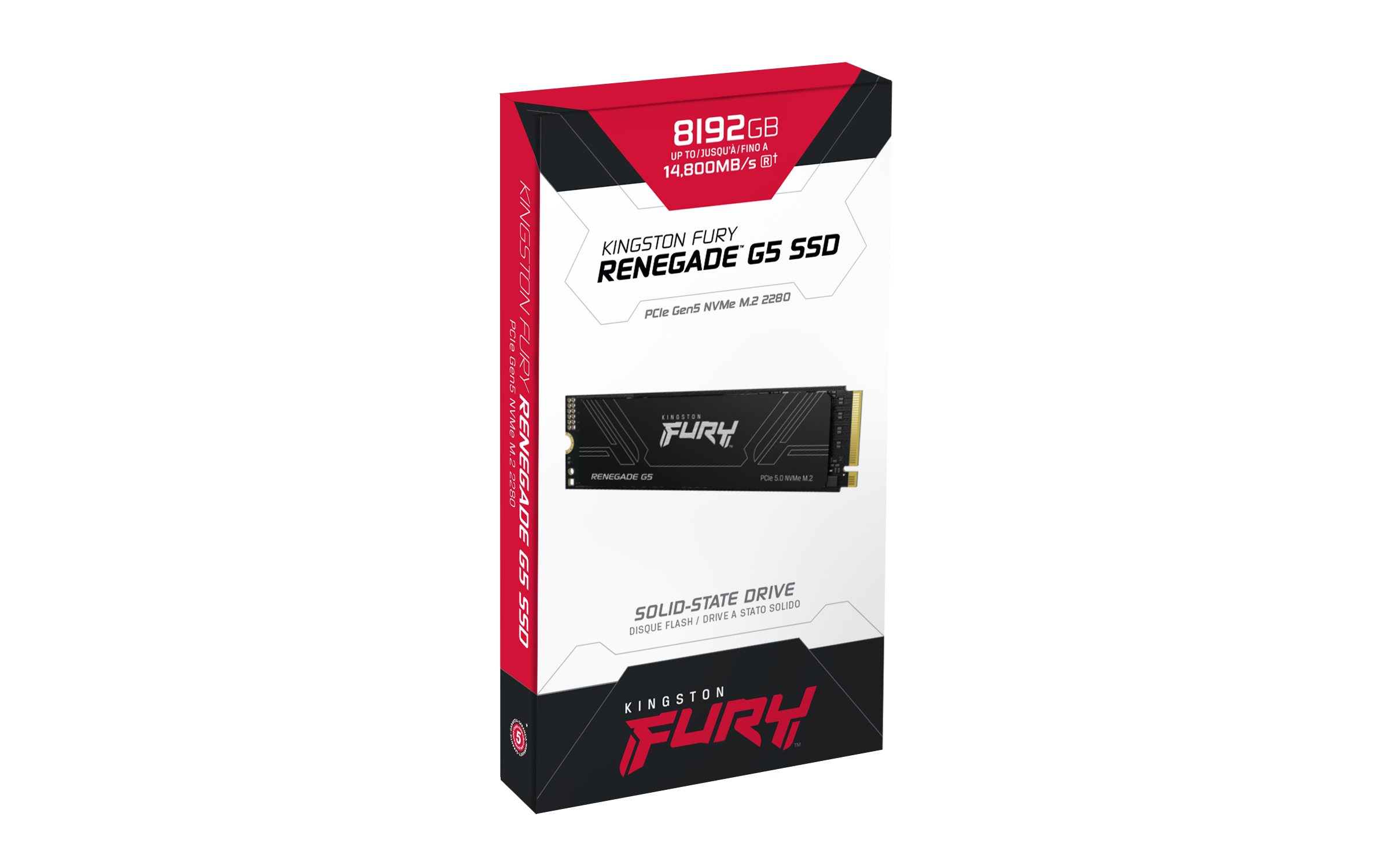 Pudełko SSD Kingston Fury Renegade G5. Widoczna czarna karta SSD. Czerwone i czarne pudełko z białym tłem.