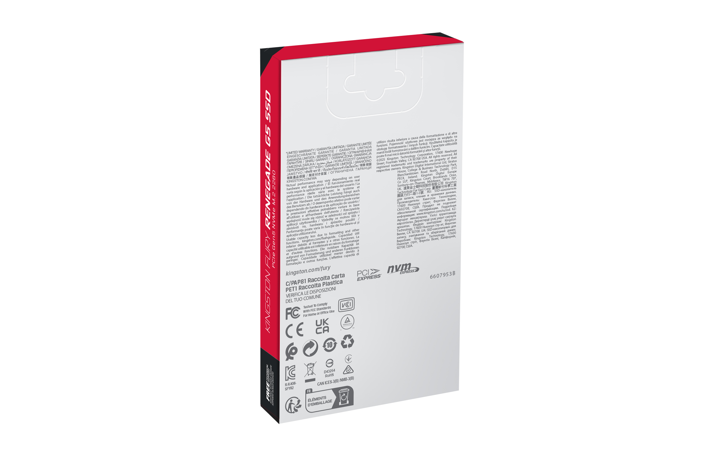 Pudełko SSD. Czarne, czerwone i białe. Tekst zawiera nazwę marki, informacje o produkcie i logo zgodności.