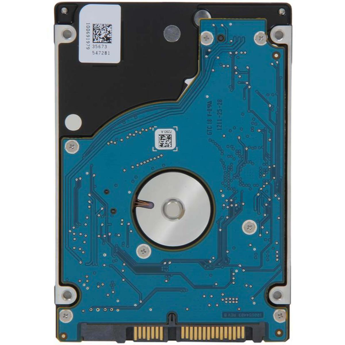 È visibile il circuito di un disco rigido, con componenti blu e argento. Testo e codici sono stampati sulla superficie.
