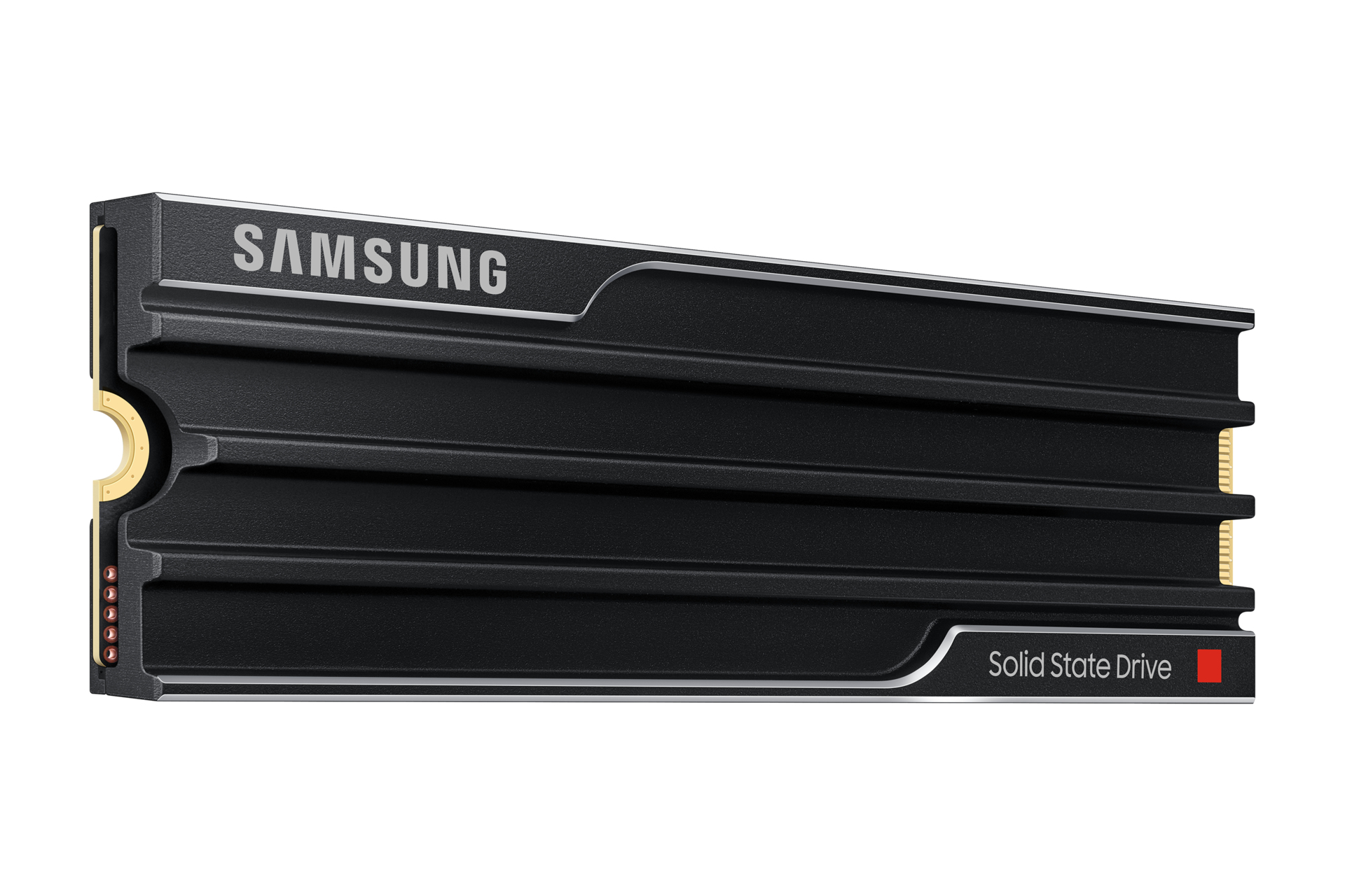 Czarny dysk SSD Samsung. Ma logo Samsung, a słowa Solid State Drive są na nim wydrukowane.