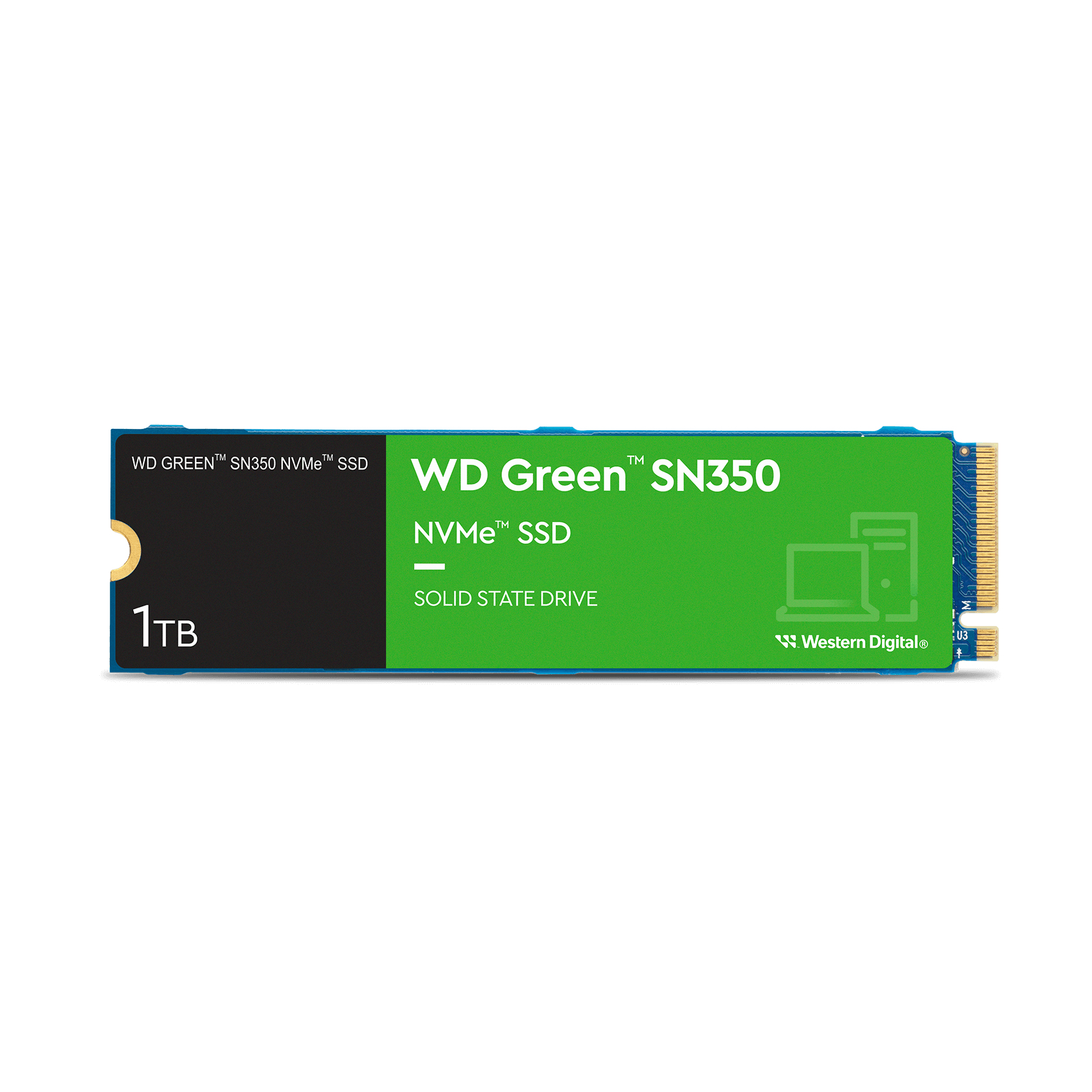Un SSD NVMe WD Green SN350. Ha un'etichetta nera e verde, con loghi '1TB' e 'Western Digital'. Ha connettori dorati.