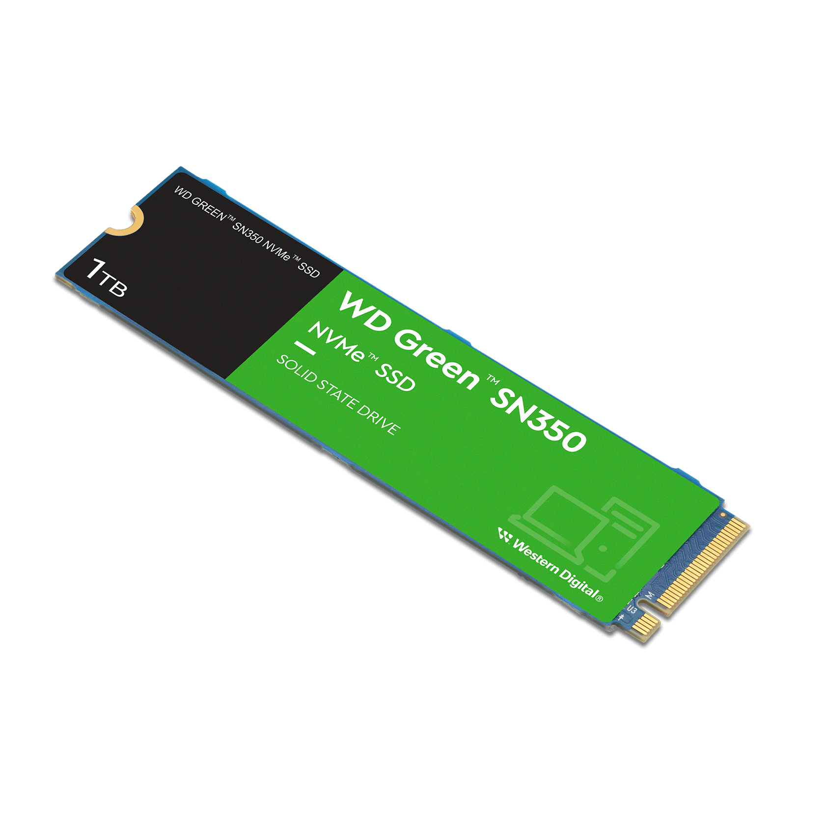 SSD WD Green SN350. Verde e nero con testo bianco. Mostra 1 TB e il logo Western Digital. Bordi blu e oro.