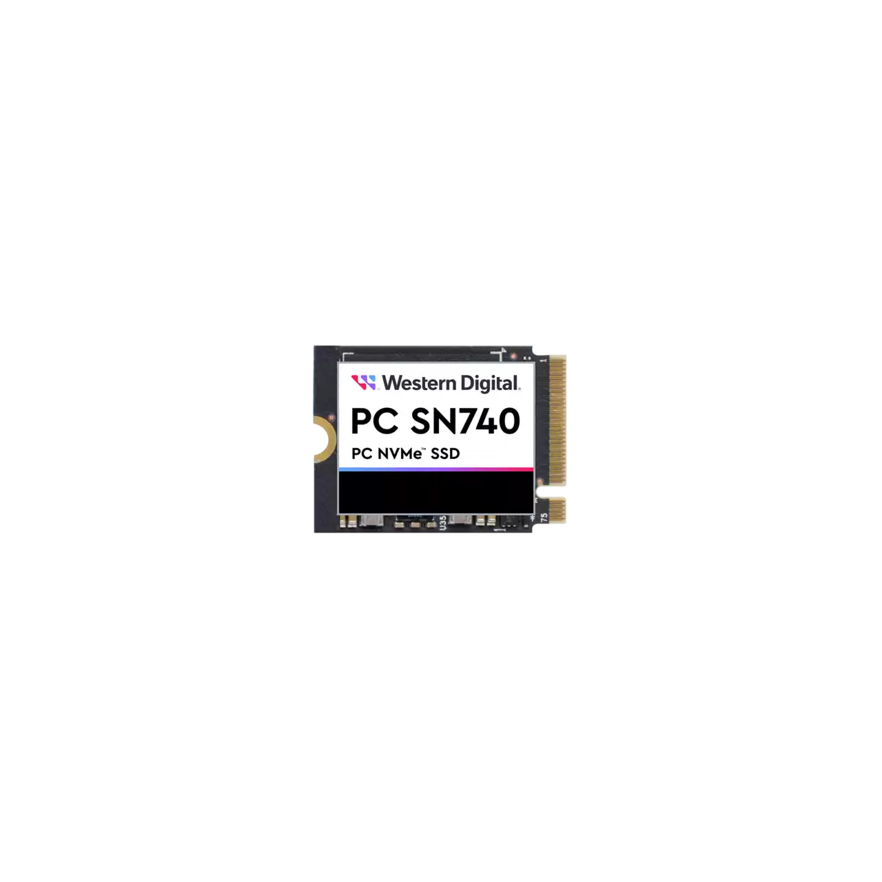 Un SSD Western Digital PC SN740 PC NVMe è visualizzato su sfondo bianco.