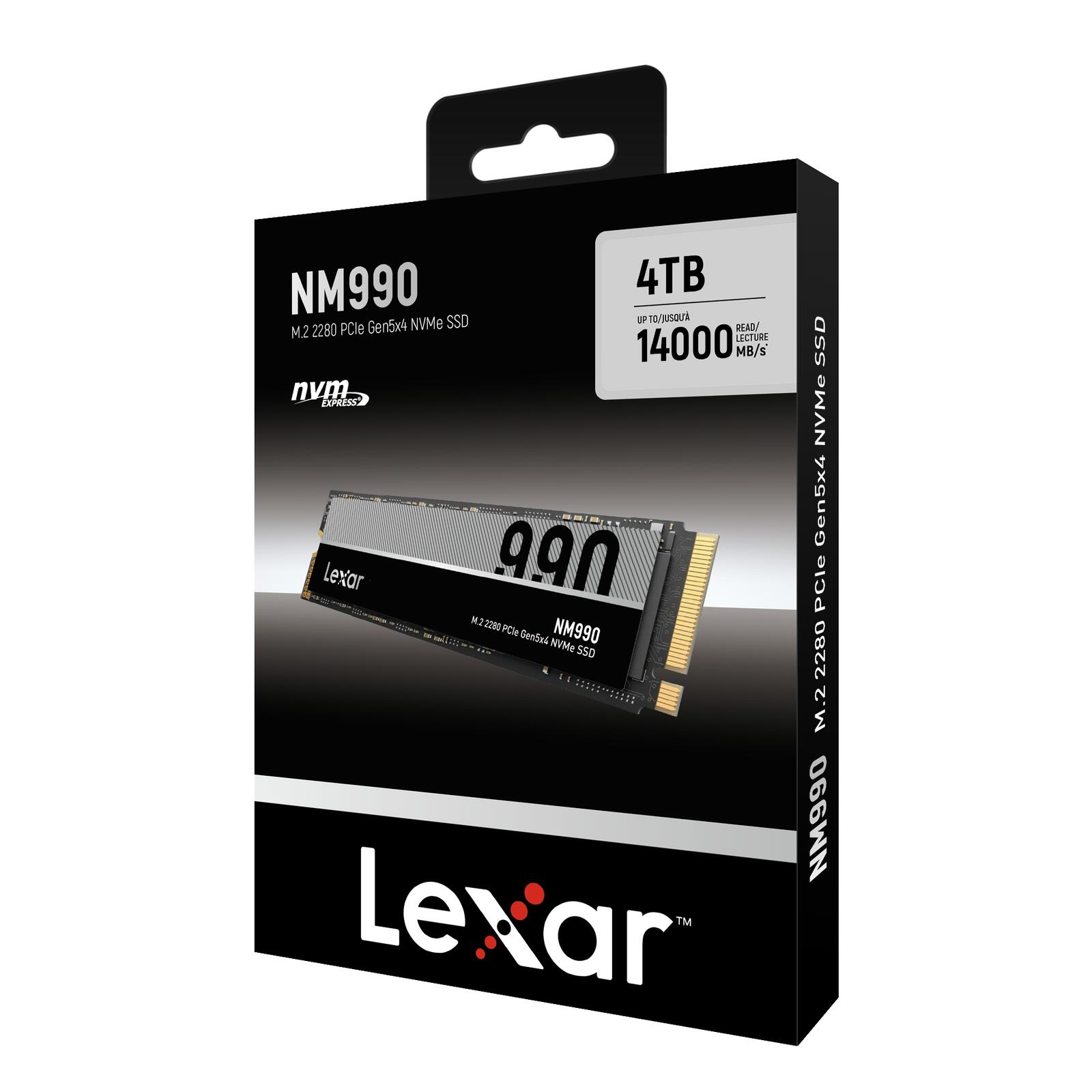 Pudełko SSD Lexar NM990. Wyświetla nazwę produktu, pojemność (4TB) i prędkość (14000 MB/s).