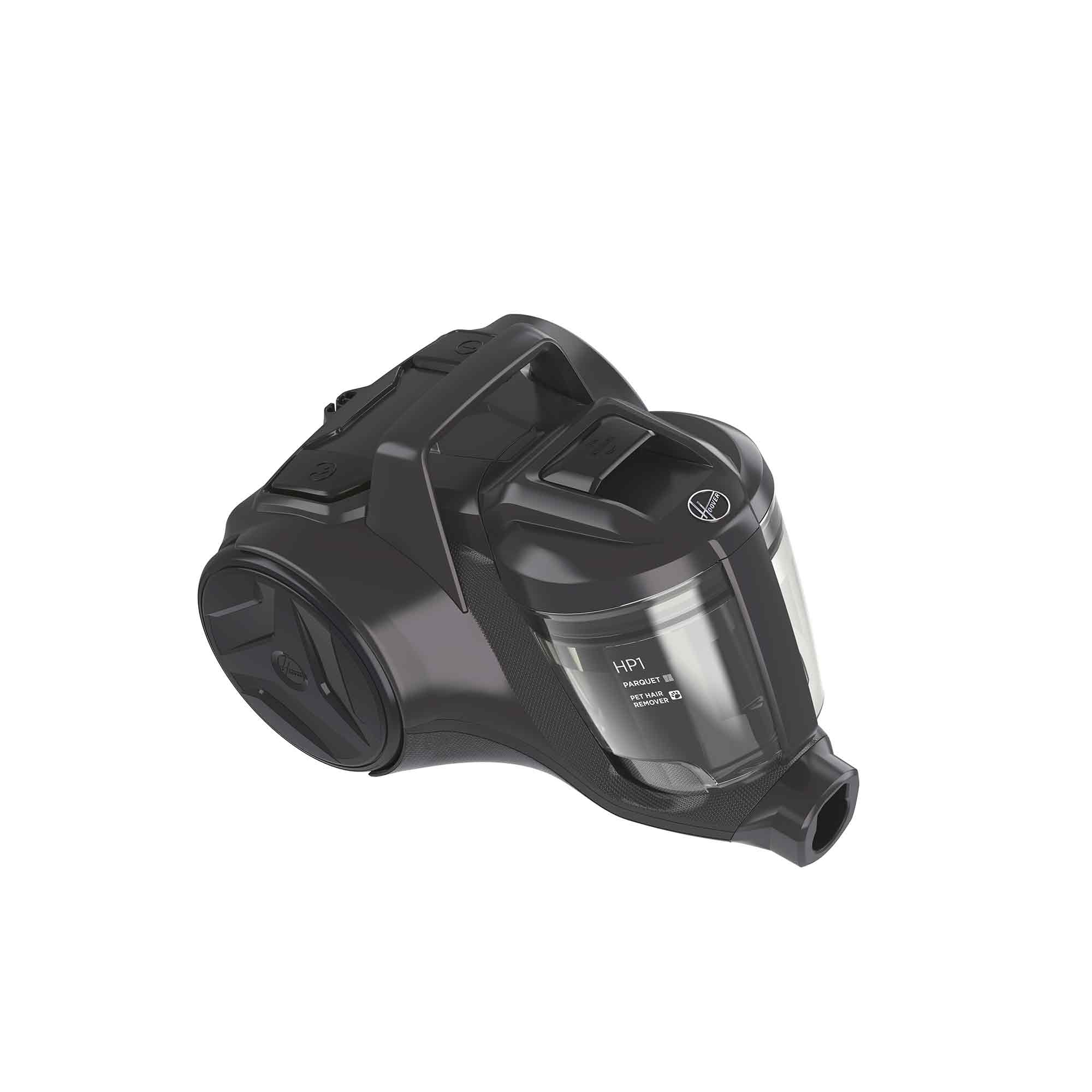 Czarny odkurzacz Hoover HP1 z uchwytem, przezroczystym pojemnikiem na kurz i dyszą. Na białym tle.