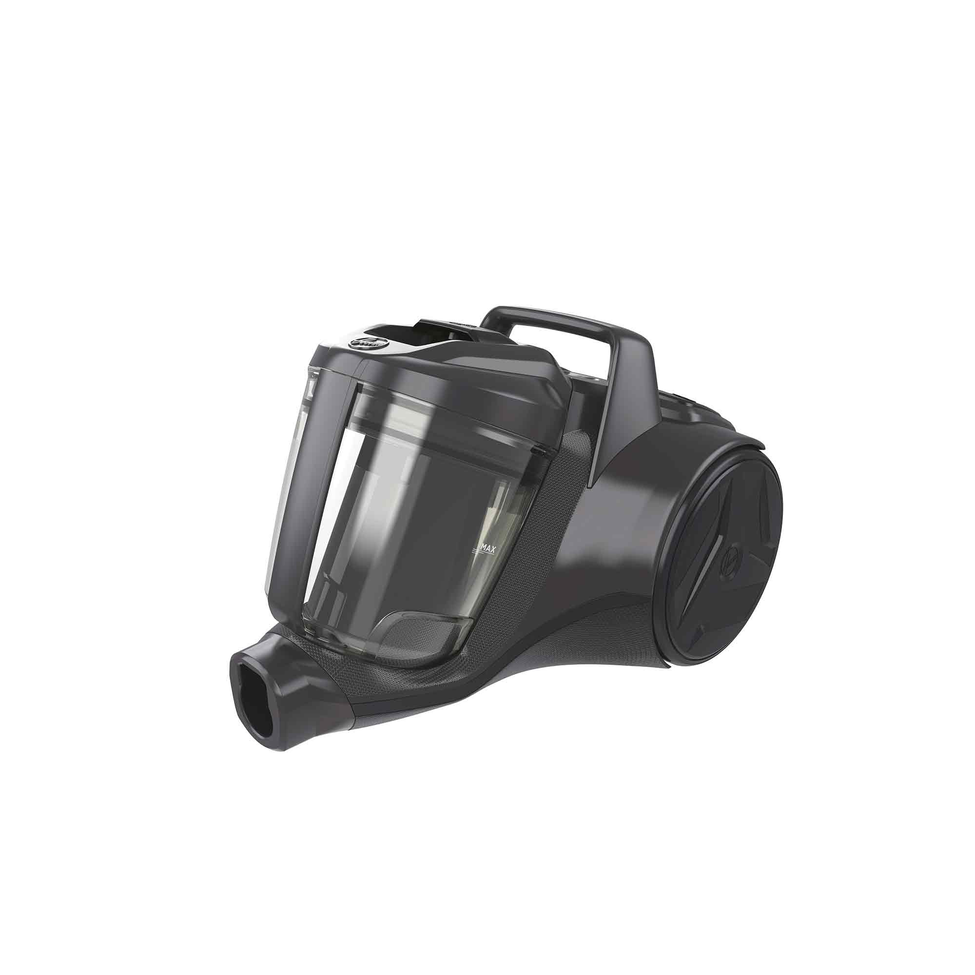 Ciemnoszary odkurzacz na białym tle. Posiada przezroczysty pojemnik na kurz, uchwyt i dyszę.