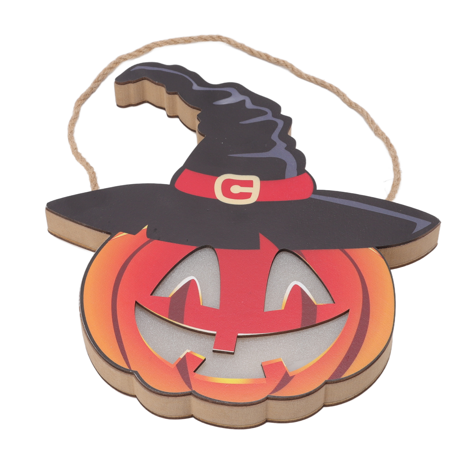 Eine Halloween-Dekoration. Es ist ein Kürbis mit einem Hexenhut. Zum Aufhängen ist ein Seil befestigt.