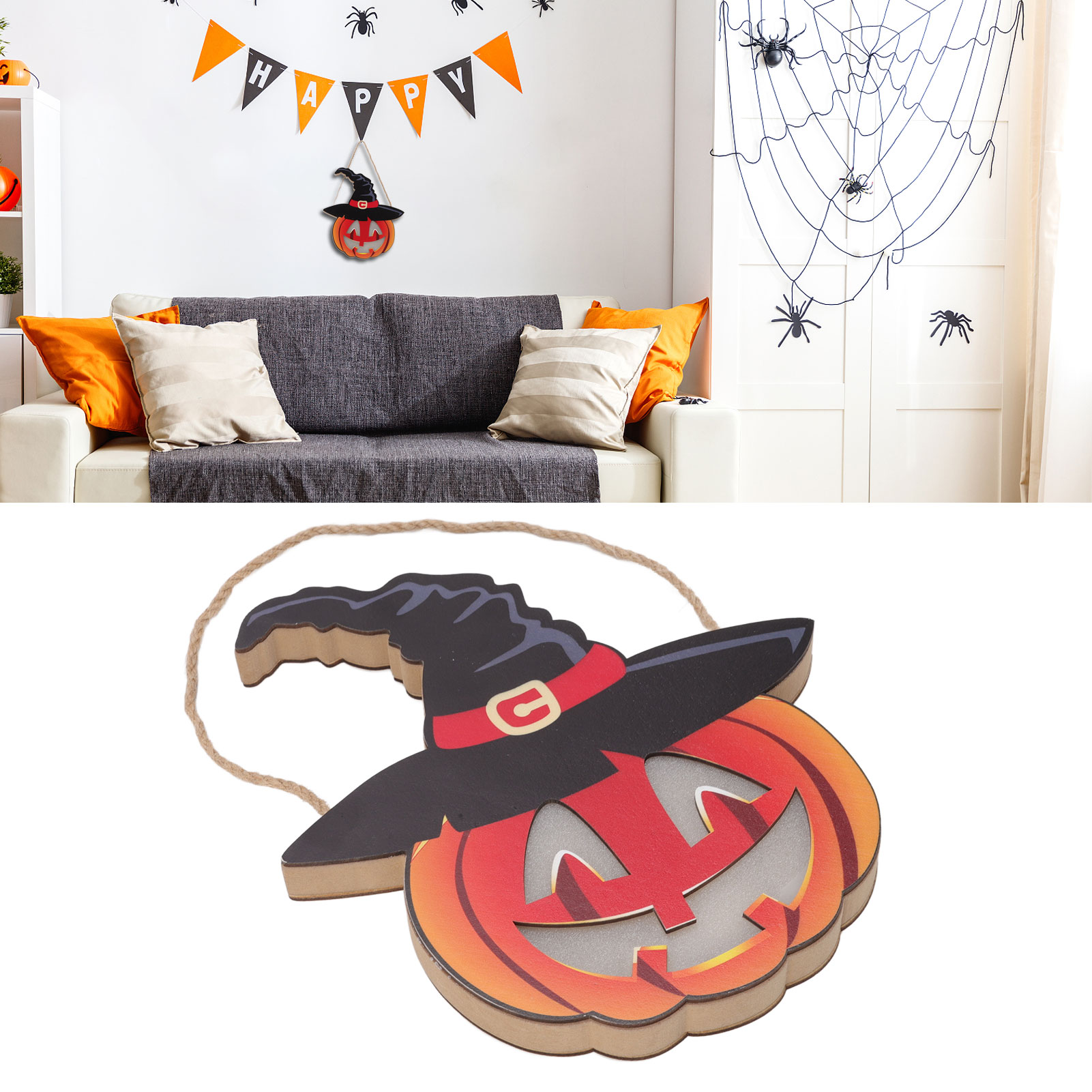 Eine Halloween-Szene mit Kürbisdekoration, Sofa mit Kissen und Spinnendekorationen.