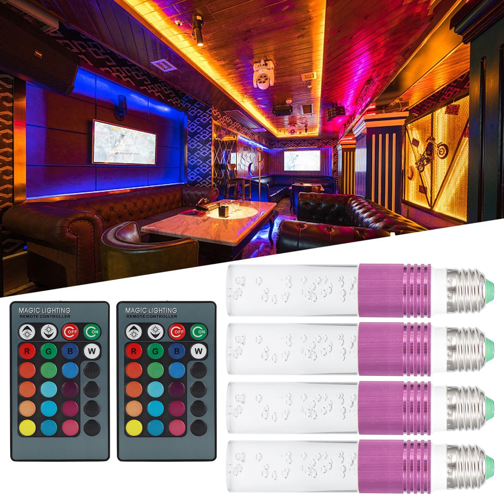 Ein Nachtclub-Interieur mit farbigen Lichtern. Fernbedienungen und Glühbirnen befinden sich im Vordergrund, der Club im Hintergrund.