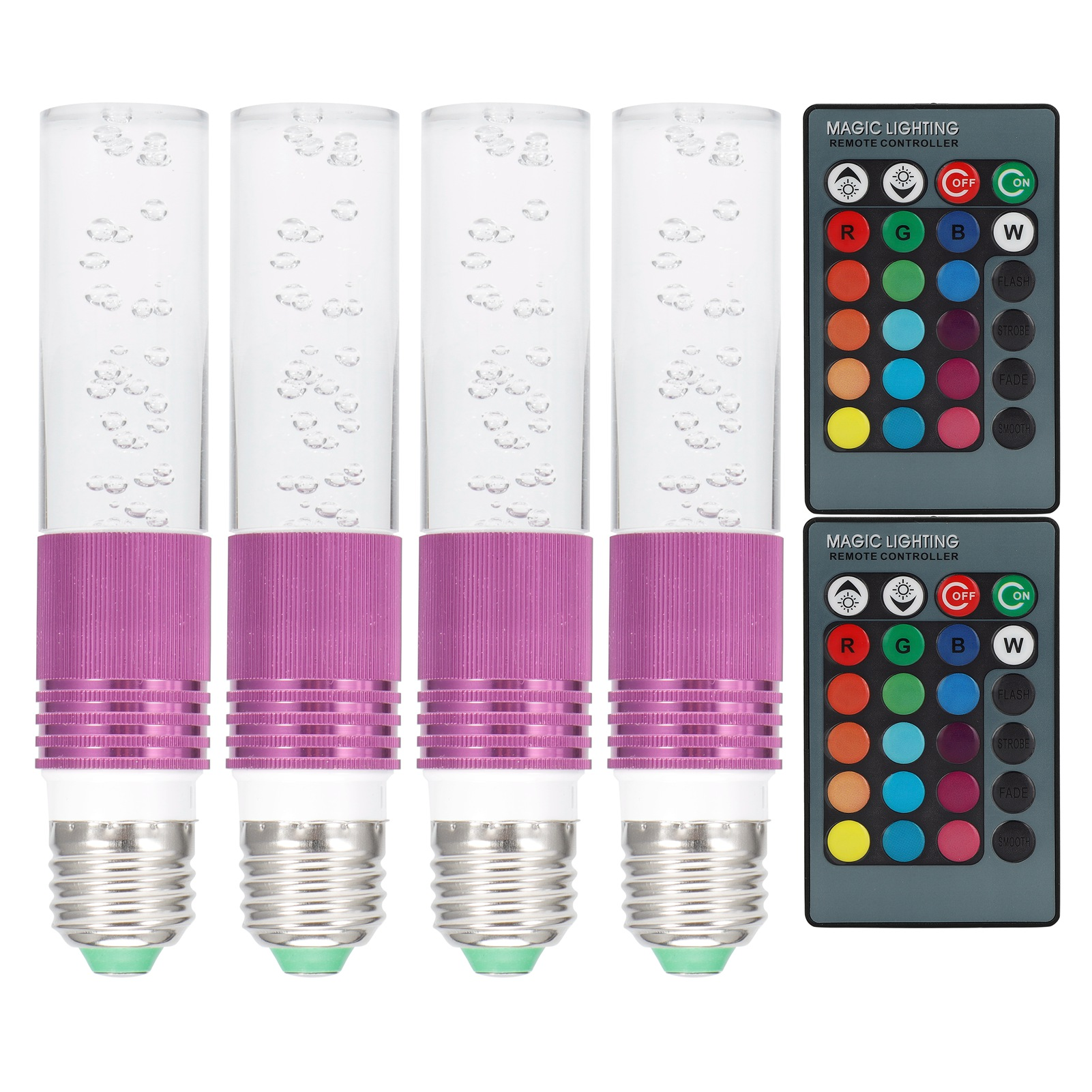 Vier LED-Glühbirnen mit blasenähnlichem Design und zwei Fernbedienungen mit Farboptionen. Die Birnen haben lilafarbene Sockel.