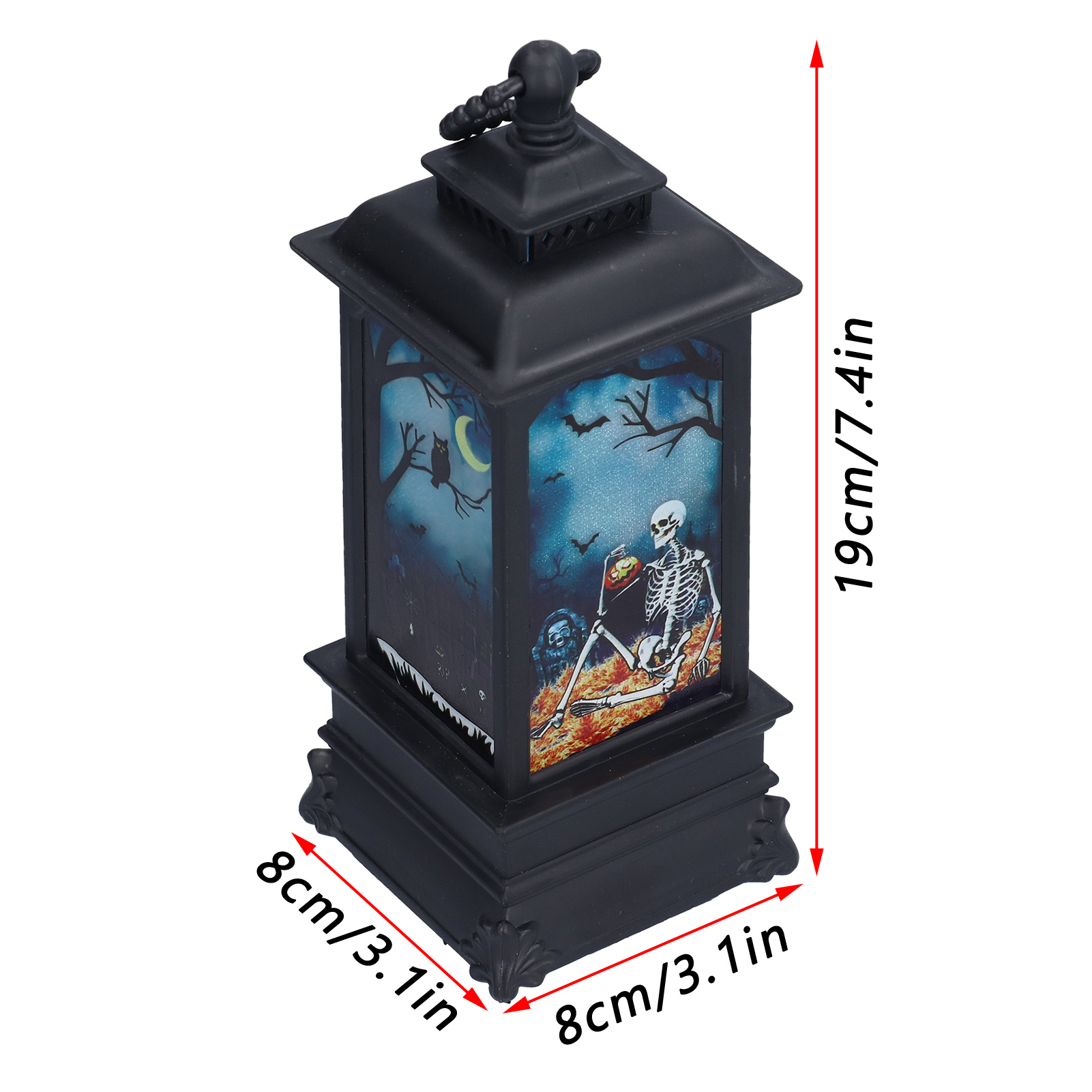 Schwarze Halloween-Laterne mit Skelett-Szene, Abmessungen: 19cm/7,4in hoch, 8cm/3,1in breit.