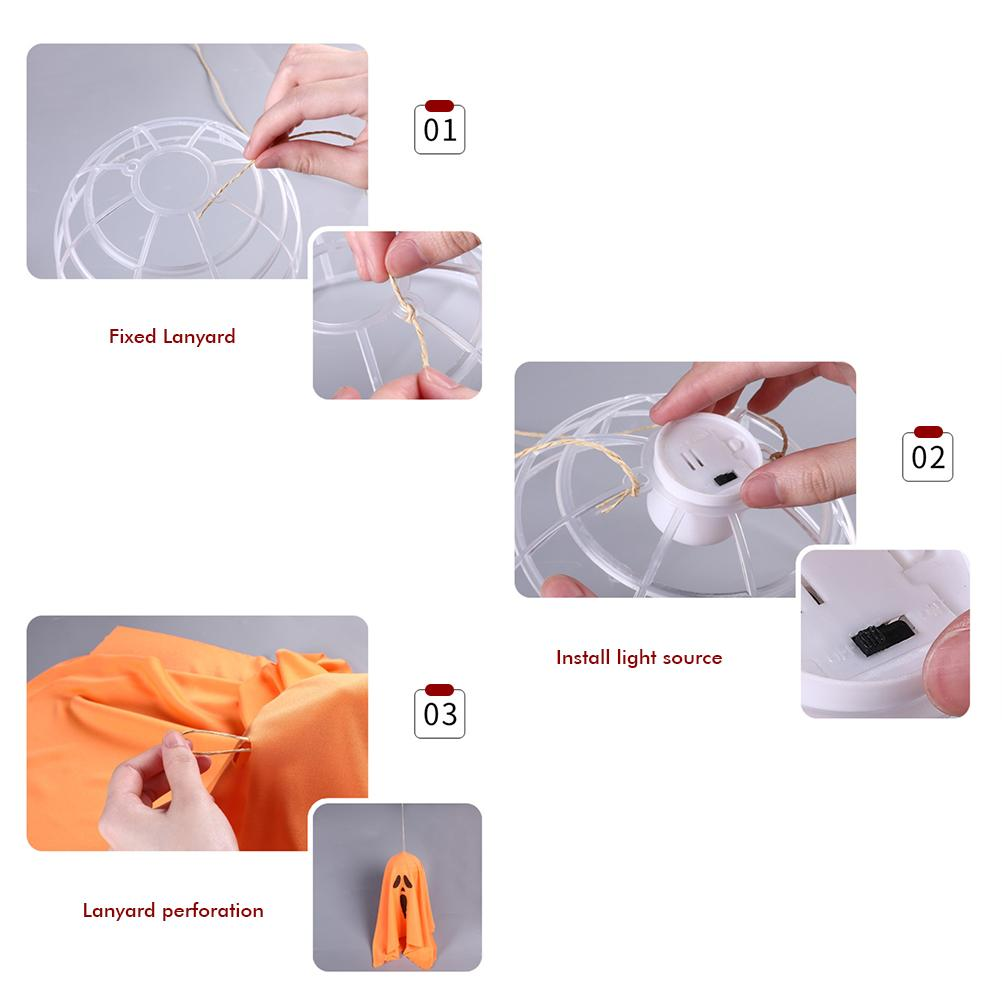Anleitung zum Zusammenbau einer Halloween-Dekoration. Die Schritte umfassen das Befestigen eines Lanyards, das Installieren einer Lichtquelle und das Perforieren des Lanyards.