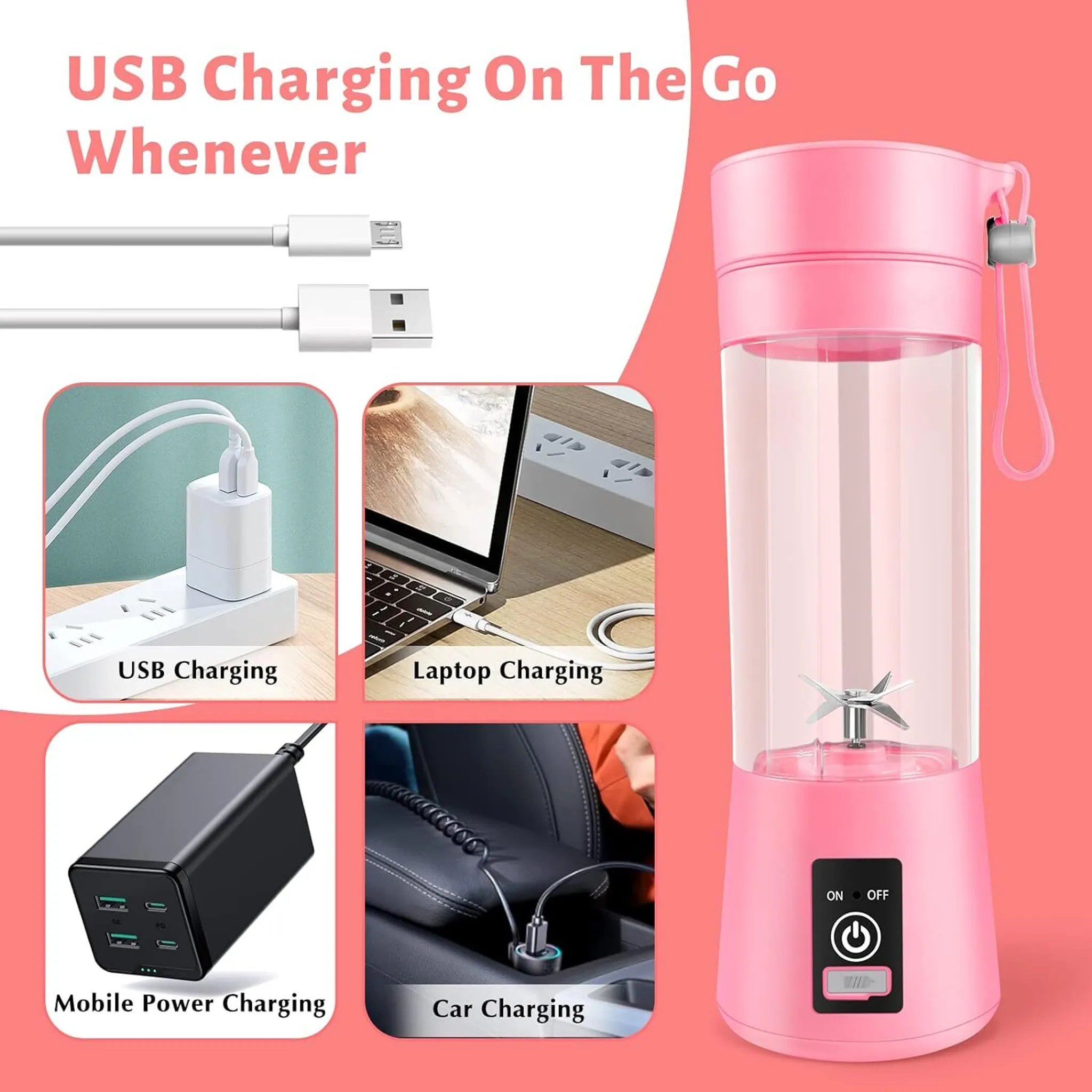 Rosa Mixer, USB-Kabel, Ladegerät-Bilder, Laptop, Autoladung und Powerbank-Illustrationen auf rosa Hintergrund.