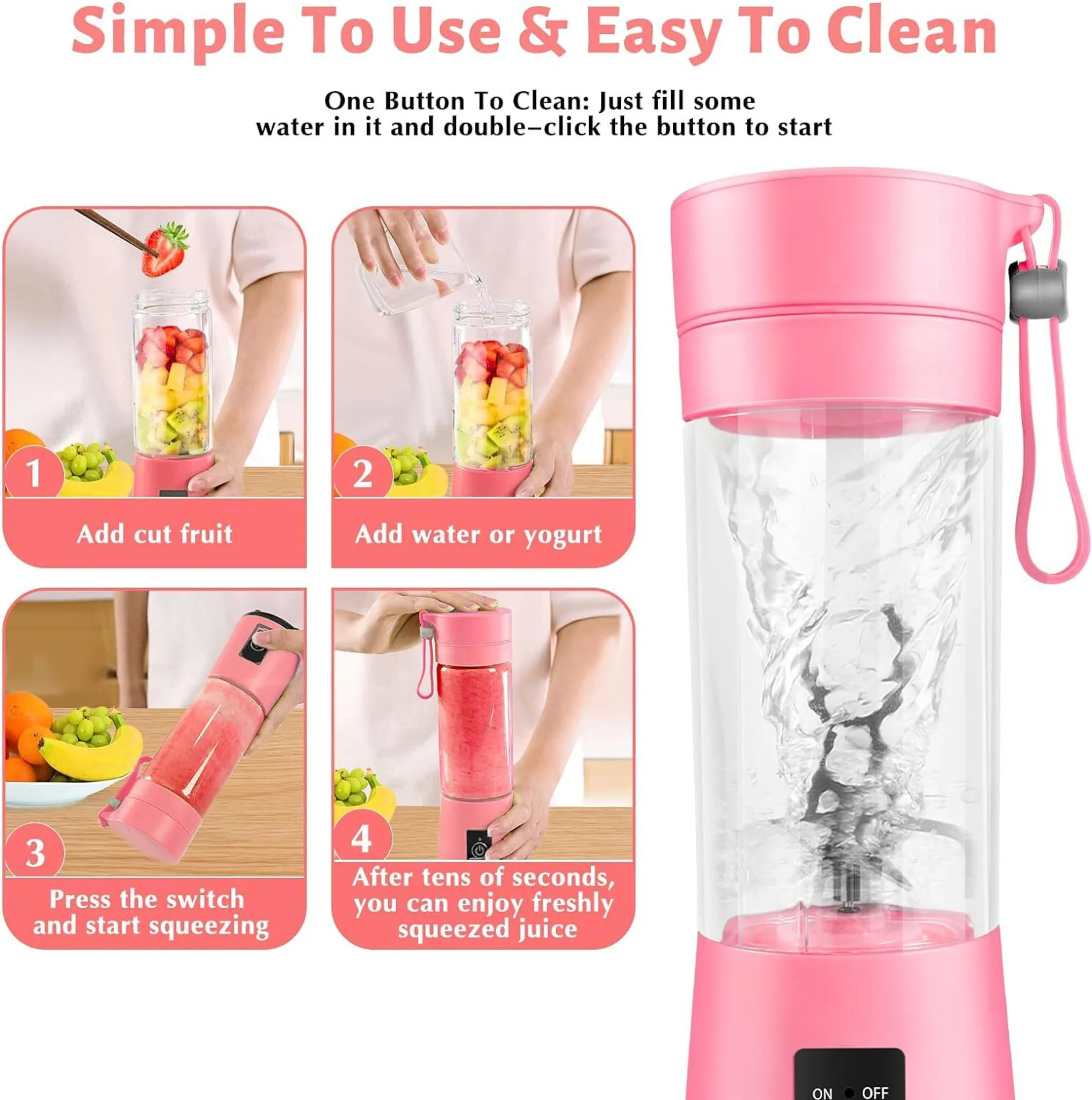 Rosa Mixer mit Fruchtvorbereitungsschritten. Beinhaltet das Hinzufügen von Früchten, Wasser, Auspressen und Genießen von Saft.