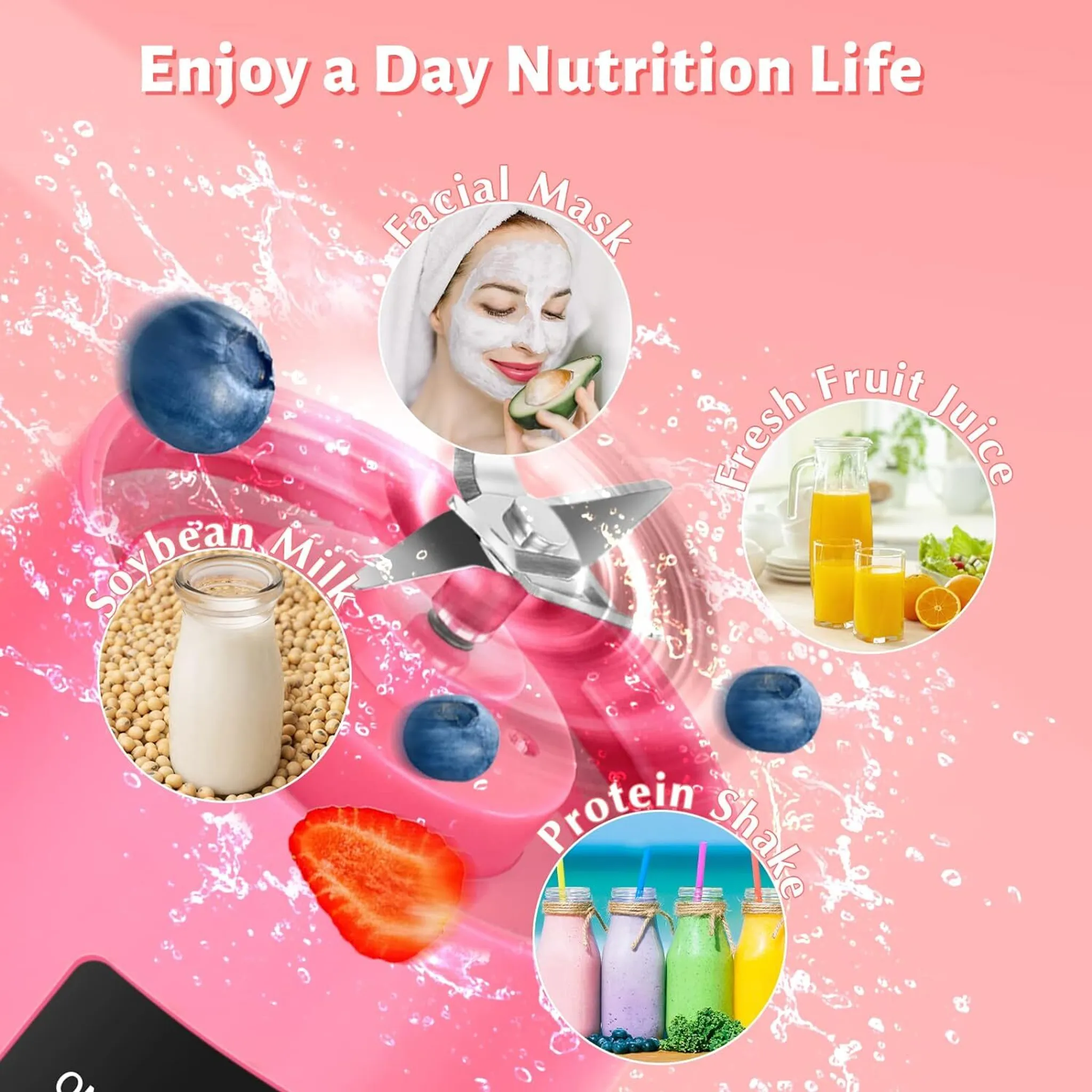 Bild mit Text Enjoy a Day Nutrition Life, Gesichtsmaske, frischer Fruchtsaft, Sojamilch, Protein-Shake und Früchten.