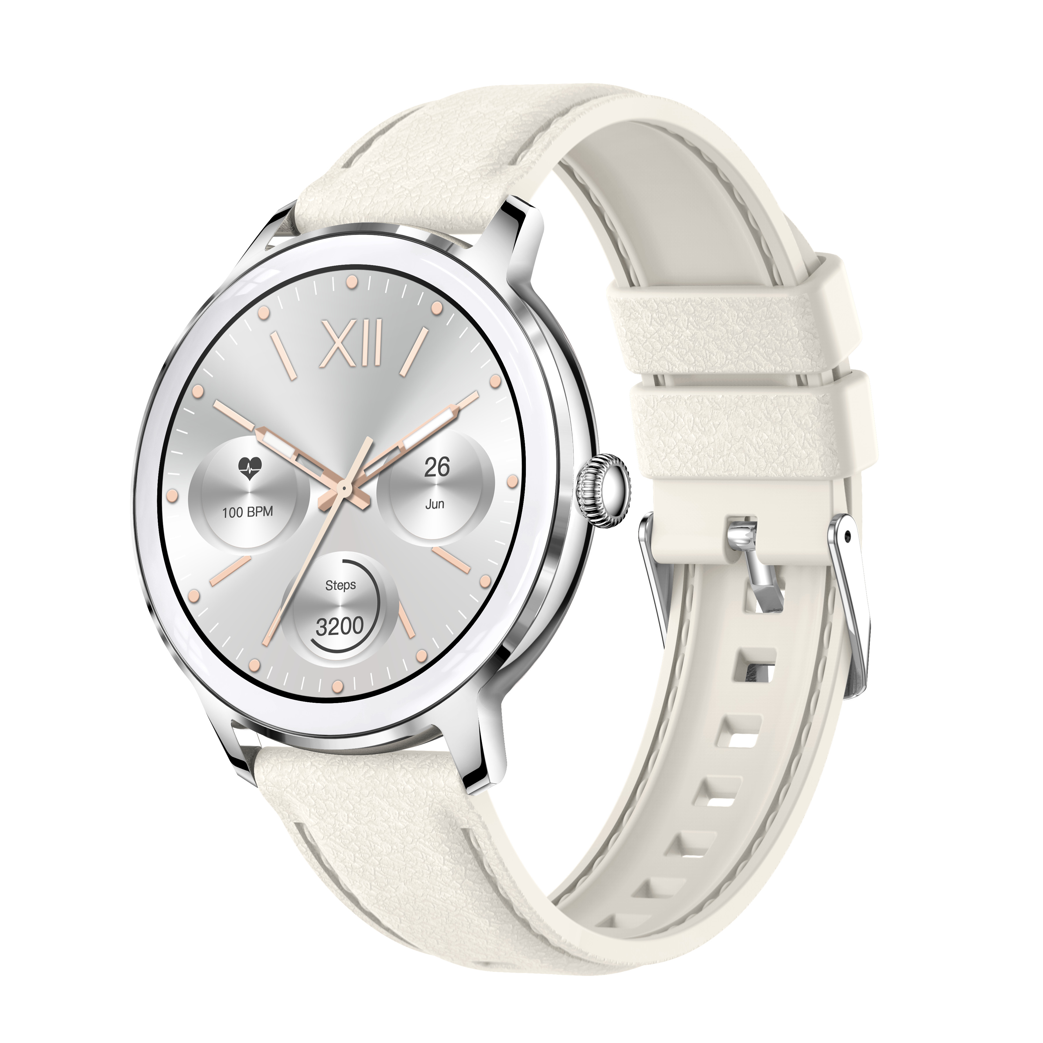 A white smartwatch with a white strap. The watch face shows numbers, time, and heart rate.