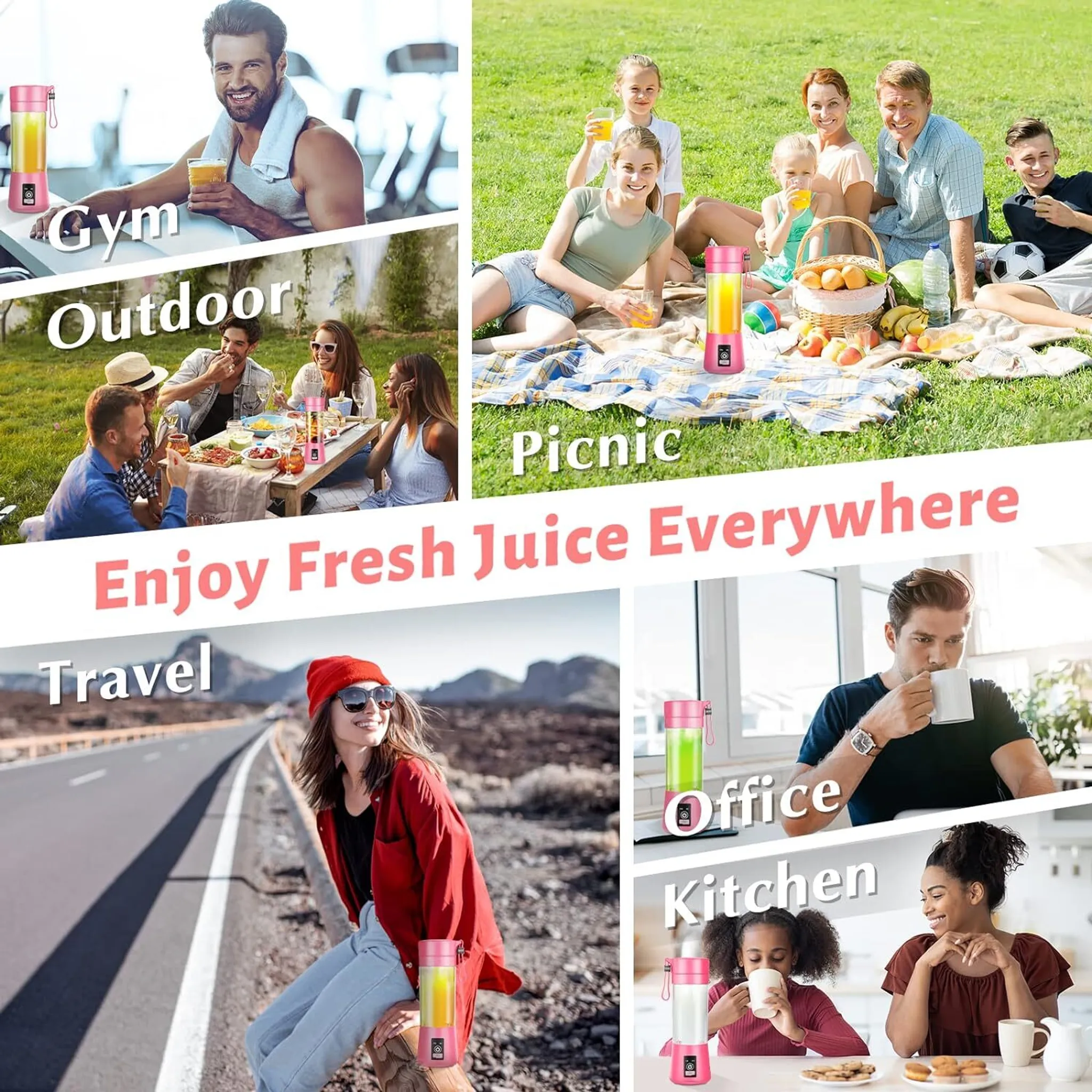 Das Bild zeigt Menschen, die Saft in verschiedenen Umgebungen genießen: Fitnessstudio, Picknick, Reisen, Büro und Küche. Ein rosa Mixer ist vorhanden.
