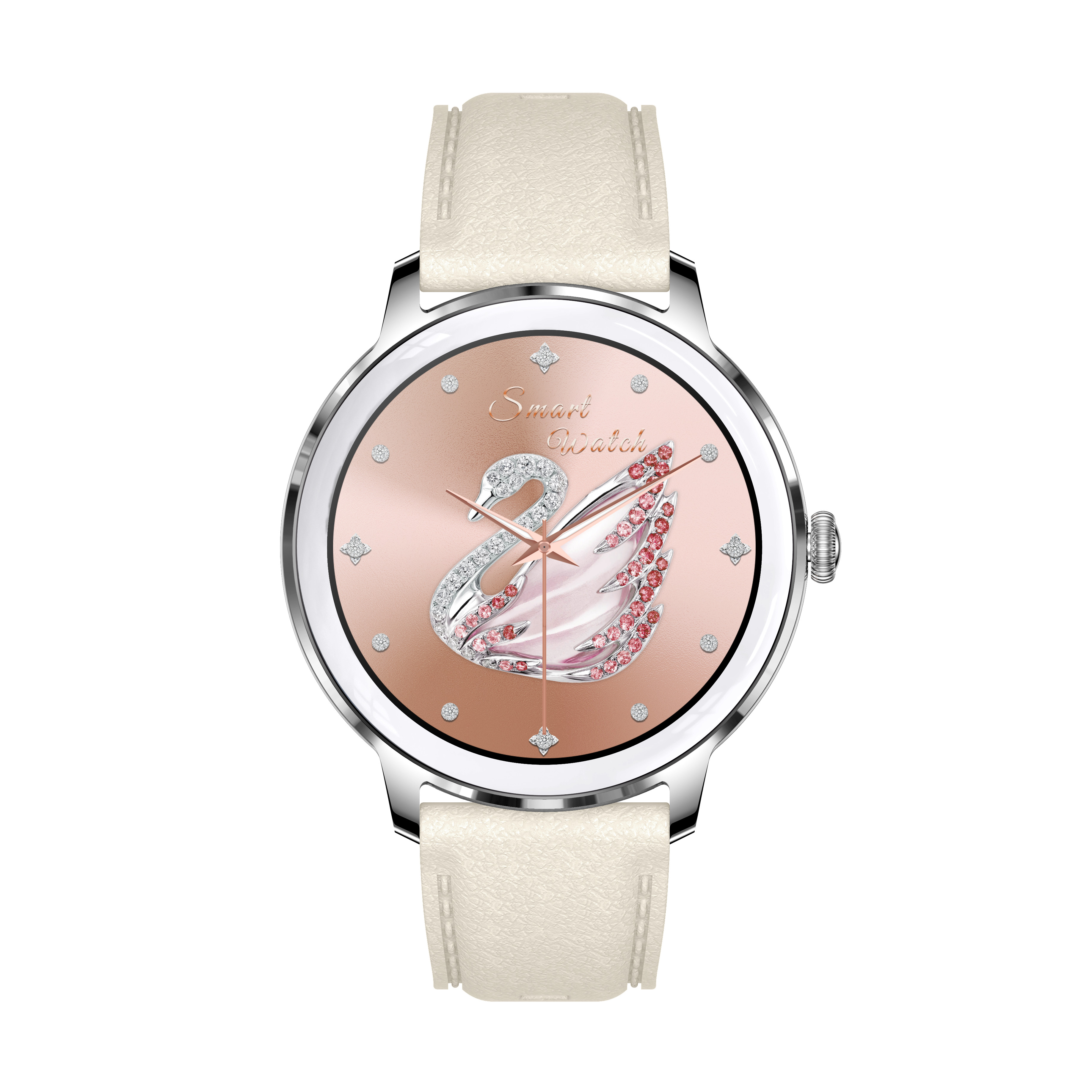 A rose gold smartwatch with a swan design. The watch has a white strap. The swan is adorned with crystals and red stones.