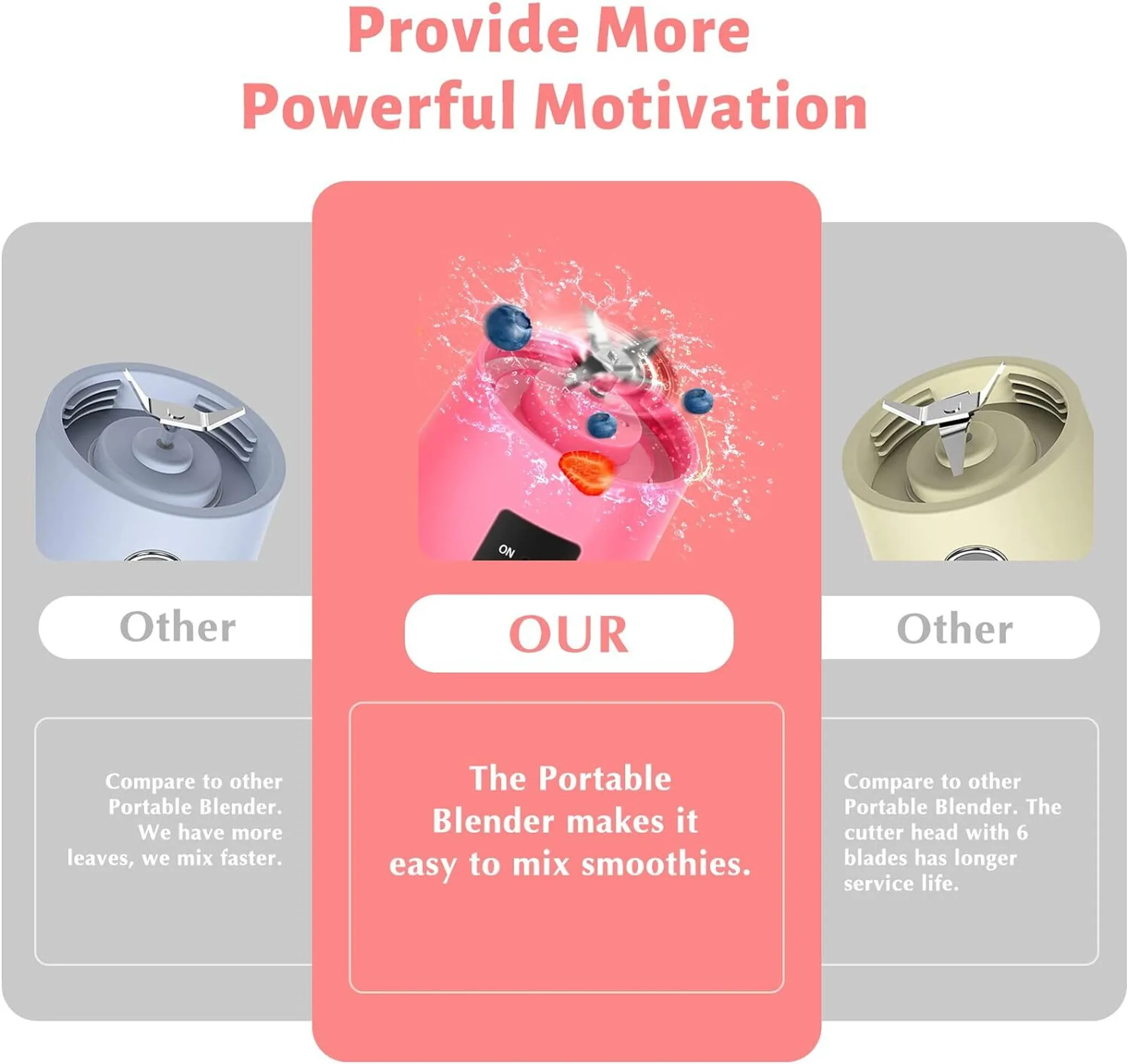 Werbung zeigt einen rosa Mixer, der Beeren mixt. Zwei andere Mixer sind an den Seiten. Text sagt: 'Bieten Sie mehr kraftvolle Motivation'.