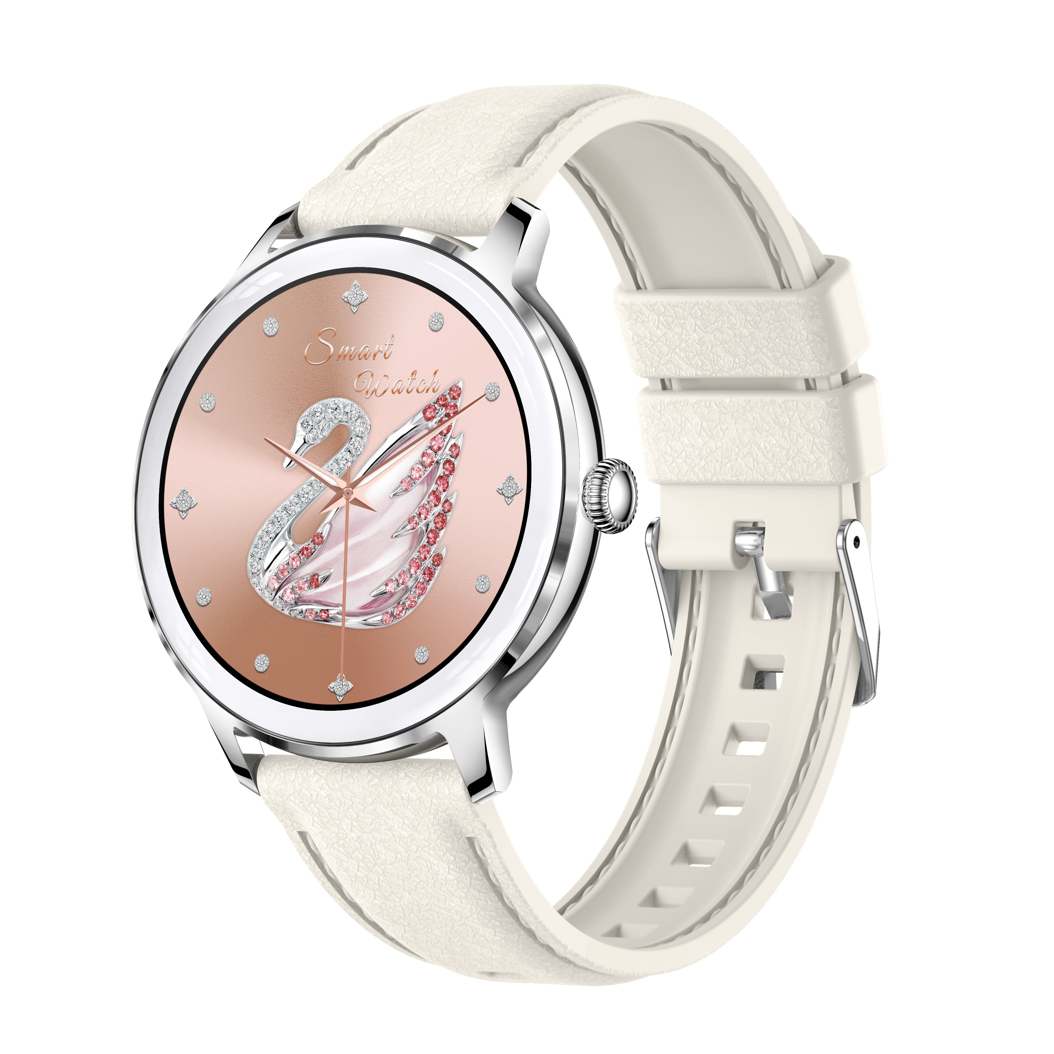 A rose gold smartwatch with a white band. The watch face has a swan design with crystals.