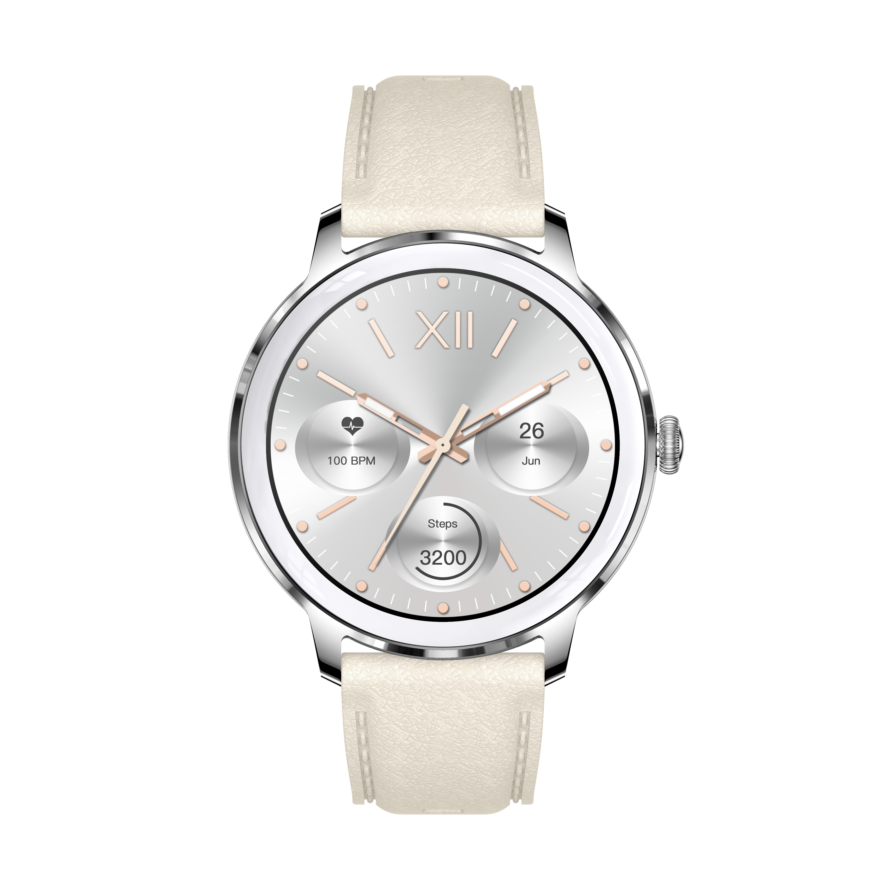 Silver smartwatch with cream leather straps. Displays time, heart rate, and steps. Background is white.