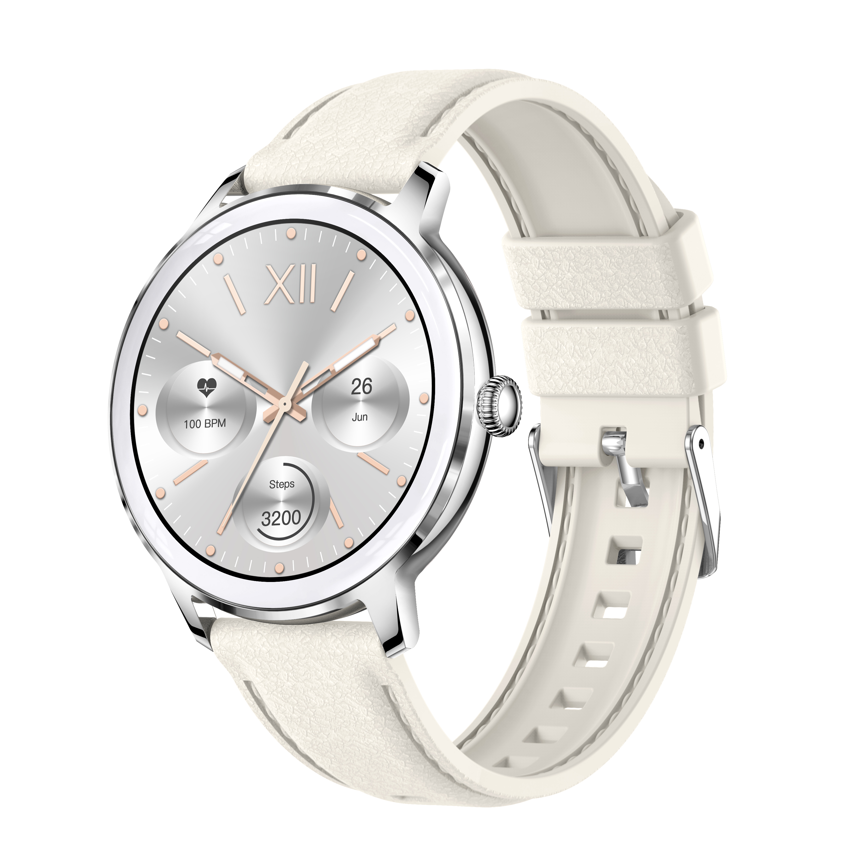 A white smartwatch with a cream leather strap. The watch face shows numbers, date, steps and heart rate.