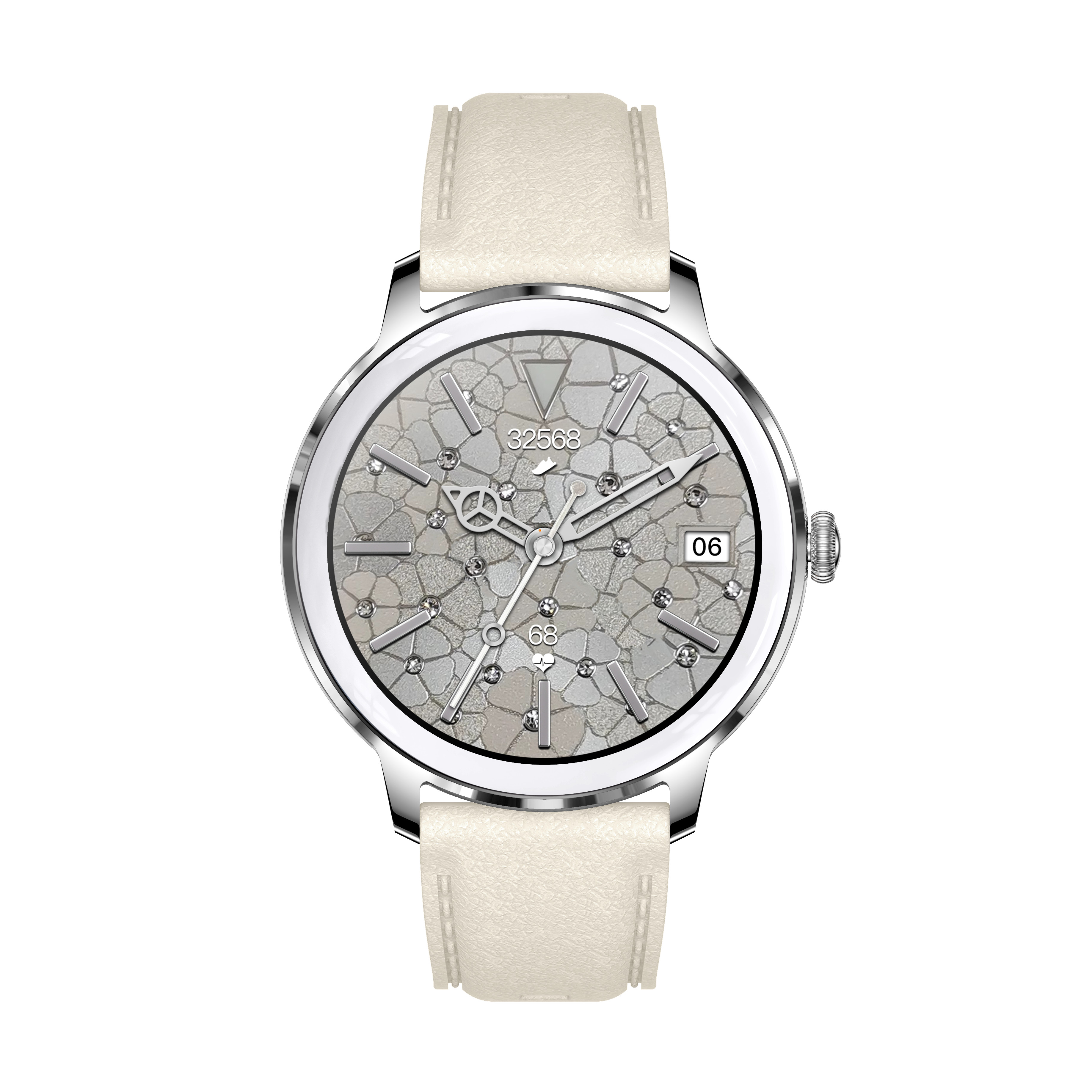 A silver wristwatch with a white leather strap. The watch face has a textured pattern and diamonds.