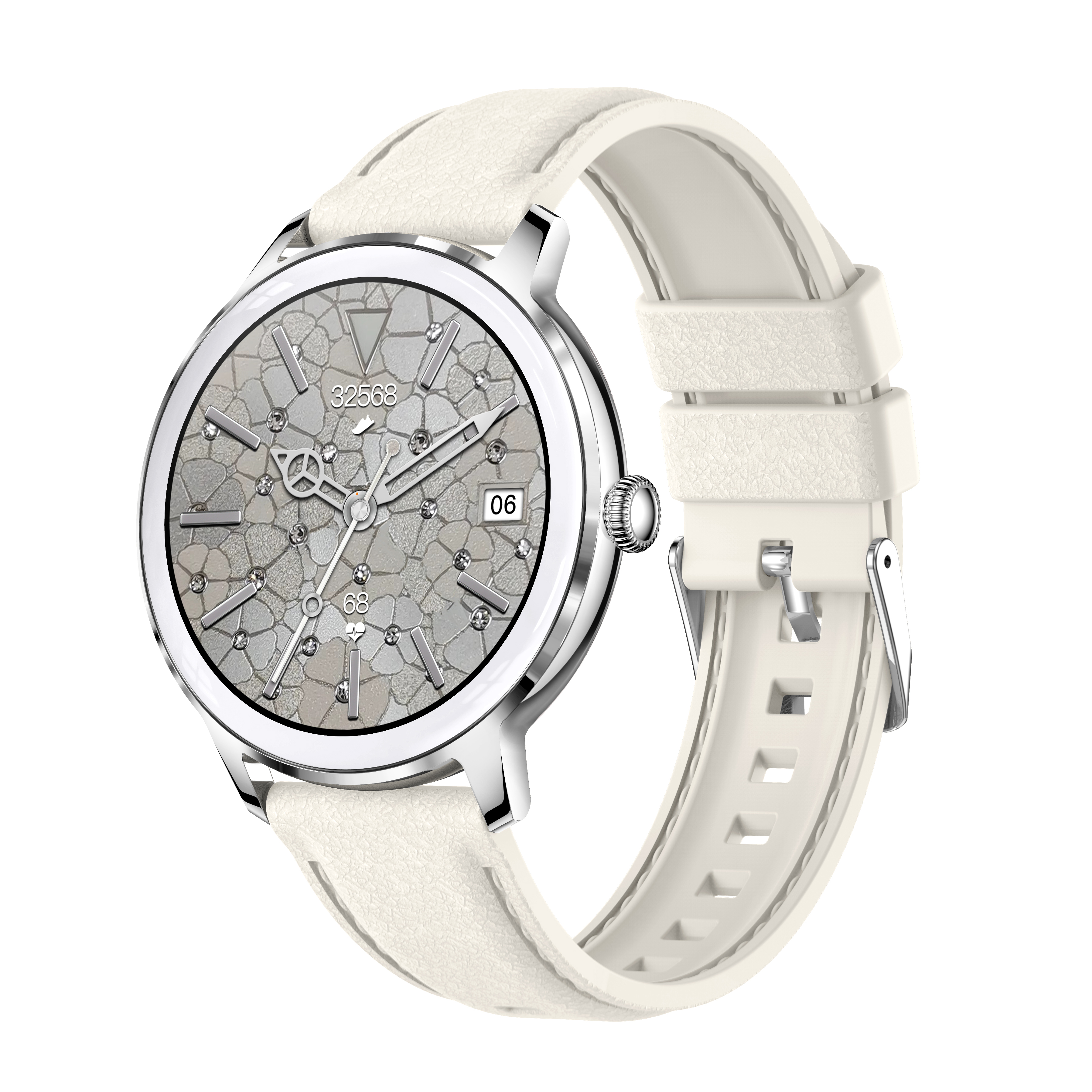 A white smartwatch with a textured strap and a silver watch face, featuring the date 06.
