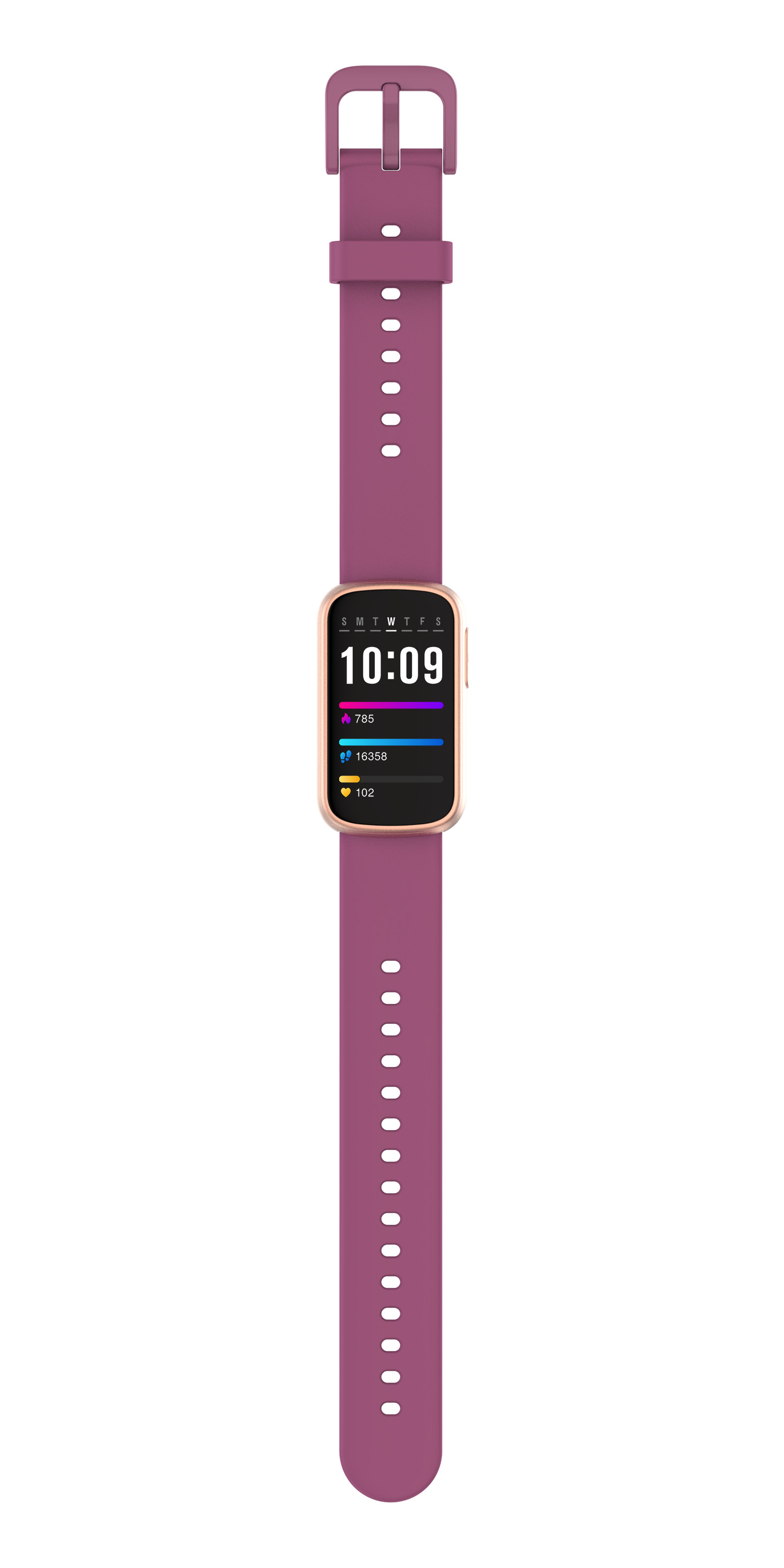 Fioletowy smartwatch wyświetla czas i dane aktywności. Zegarek ma złotą obudowę i pasujący fioletowy pasek.