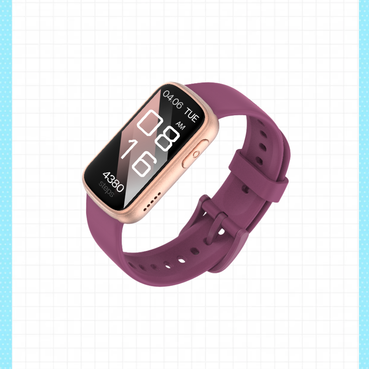 Smartwatch ze złotą ramką i fioletowym paskiem. Ekran pokazuje godzinę, datę i kroki. Tło jest białe z siatką.
