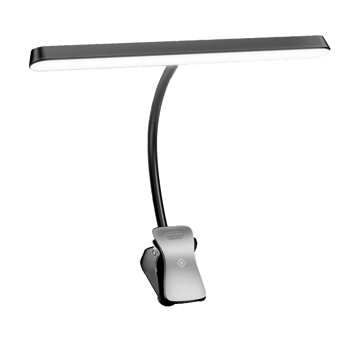 Eine schwarze und silberne LED-Clip-Lampe. Sie hat einen langen, rechteckigen Leuchtkopf, einen flexiblen Arm und einen Clipfuß.