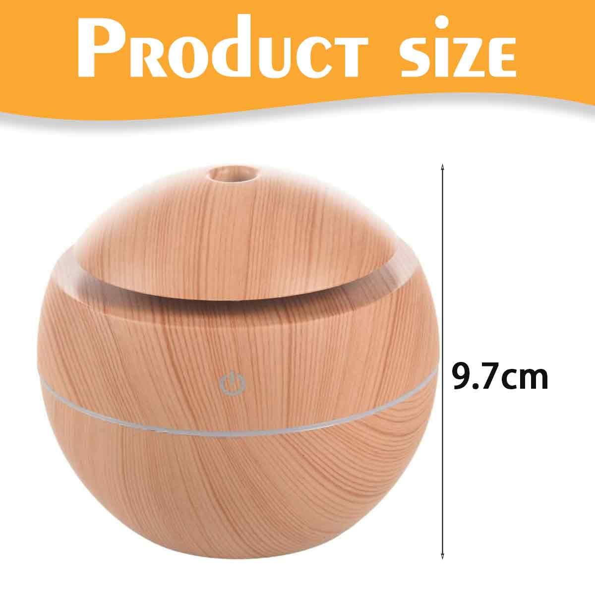 Ein holzstrukturiertes Luftbefeuchter. Er ist kugelförmig und mit Produktgröße und 9,7 cm für die Höhe versehen.