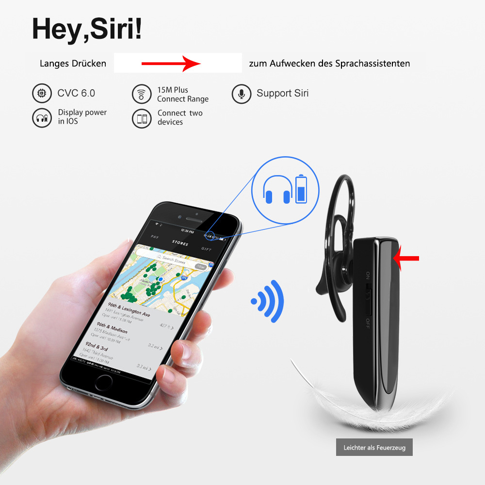 Eine Hand hält ein Telefon mit einer Karte. Ein Headset befindet sich daneben. Der Text lautet 'Hey, Siri!' und Funktionen sind aufgelistet.