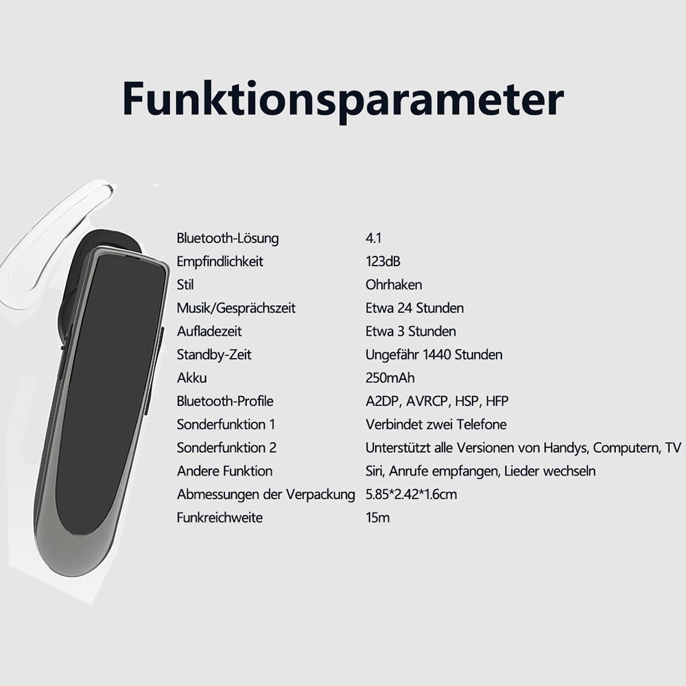 Das Bild zeigt einen weißen und schwarzen drahtlosen Kopfhörer mit Spezifikationen wie Bluetooth und Akkulaufzeit. Der Text ist auf Deutsch.