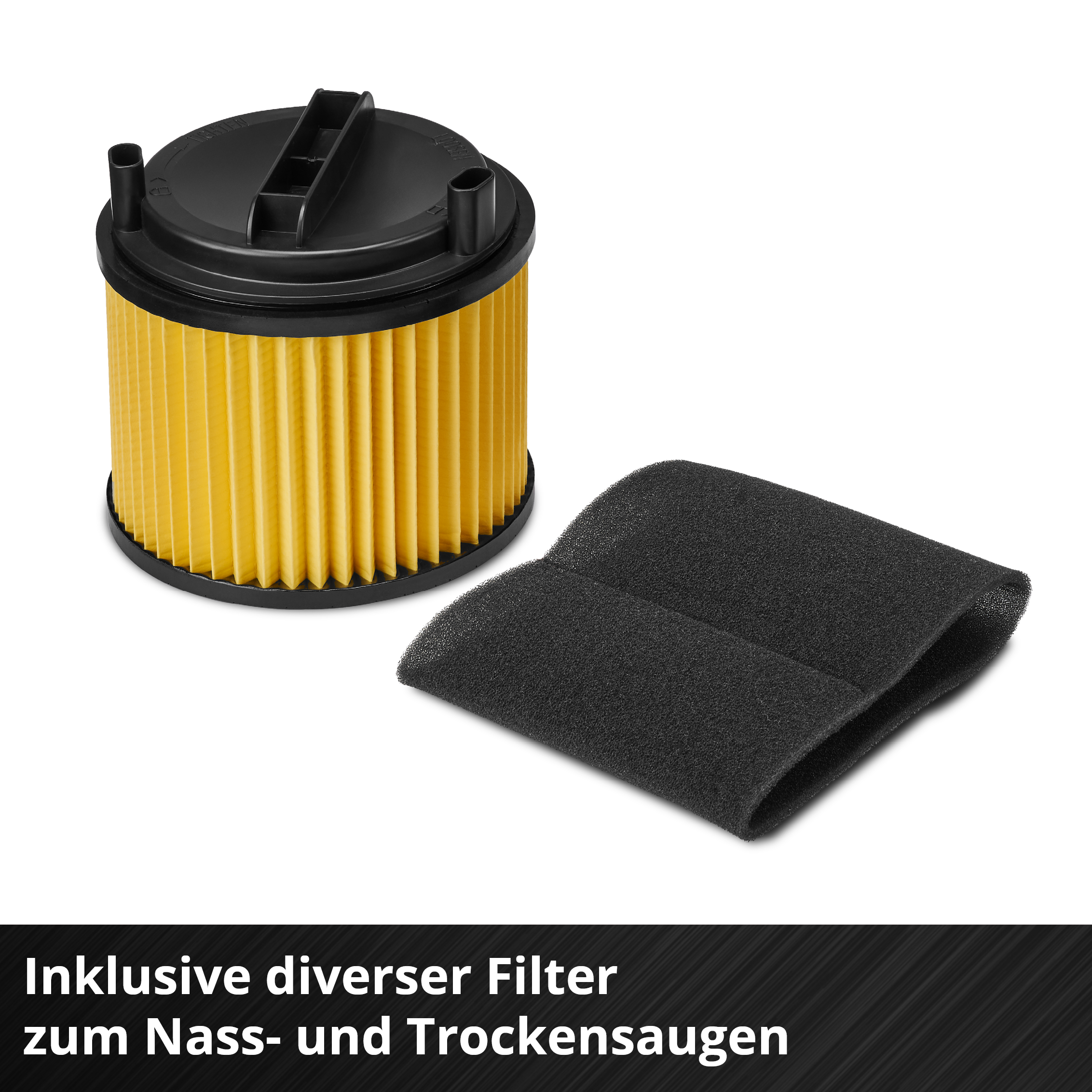 Das Bild zeigt einen gelben Filter und einen schwarzen Schwammfilter auf weißem Hintergrund. Text auf Deutsch unten.