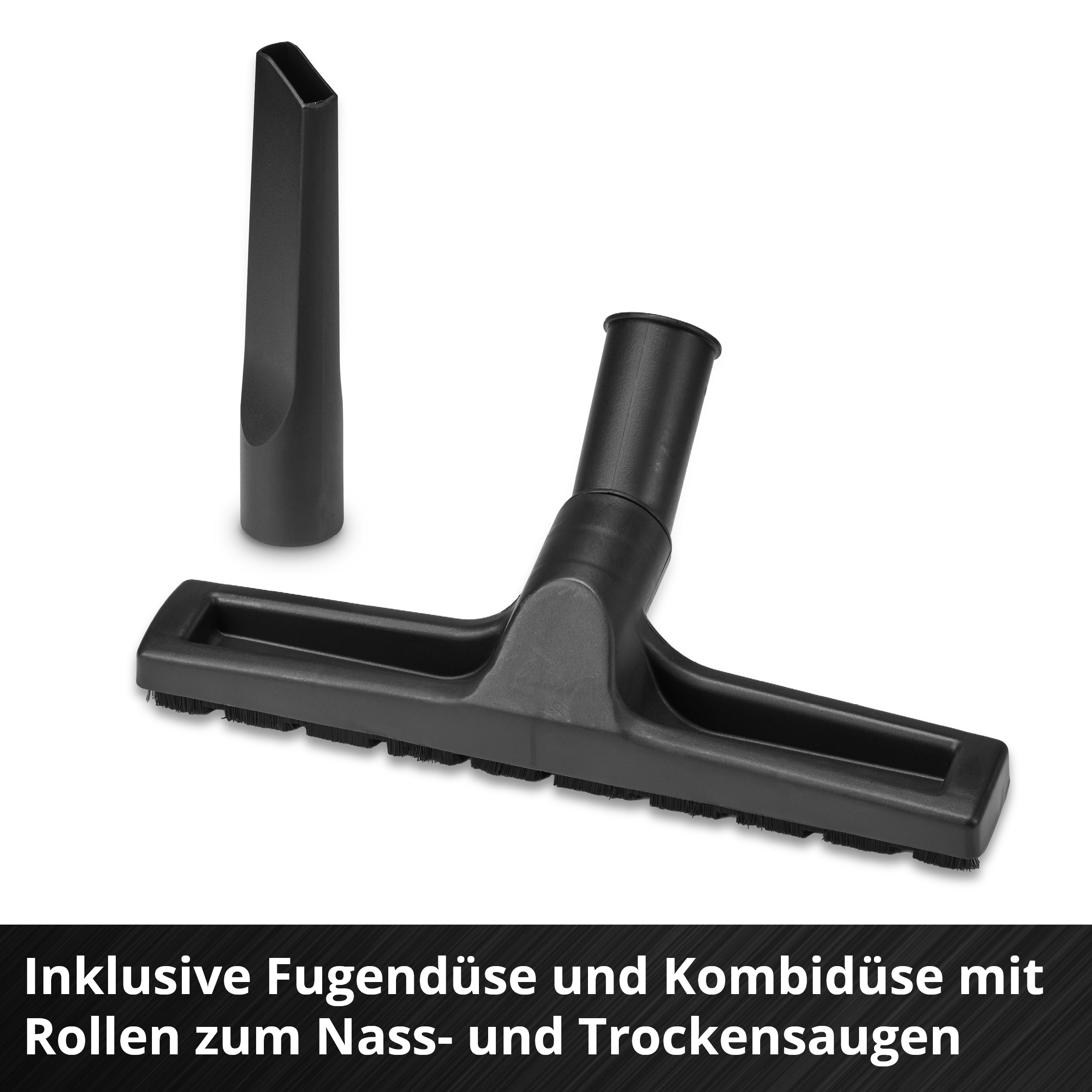 Schwarze Staubsaugeraufsätze: Fugendüse und Kombidüse mit Bürsten auf weißem Hintergrund. Text unten.