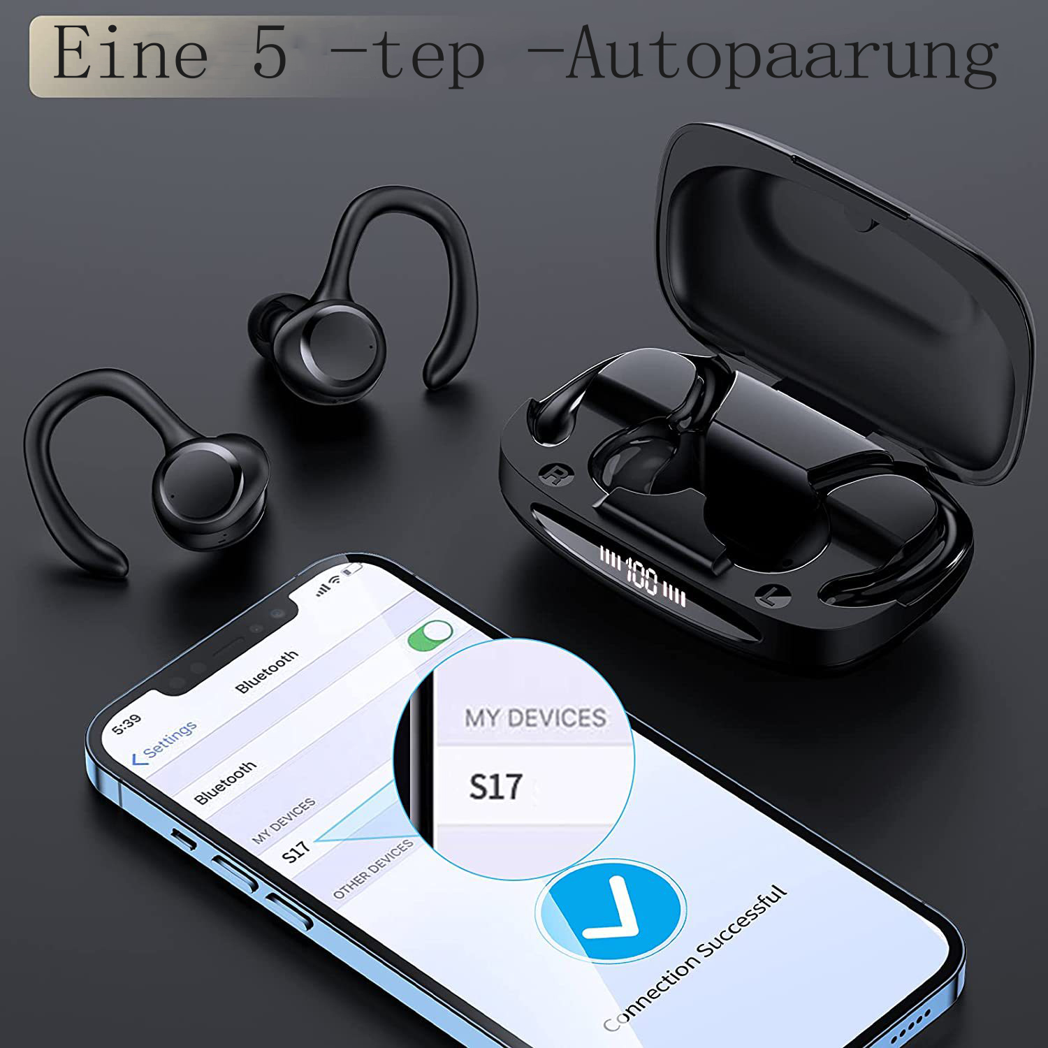 Schwarze kabellose Ohrhörer mit Ladecase und Smartphone-Bildschirm mit erfolgreicher Bluetooth-Verbindung.
