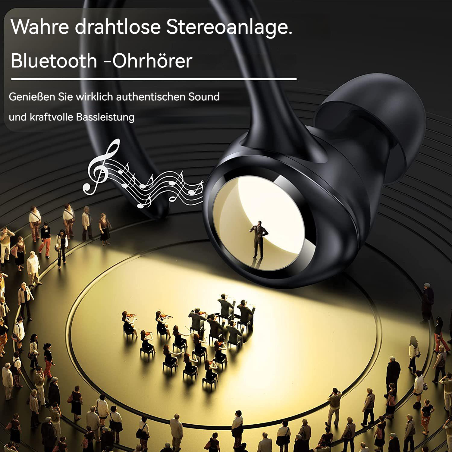 Schwarze Ohrhörer mit Konzertszenen. Ein Dirigent leitet ein Orchester auf einer goldenen Scheibe, umgeben von Menschen.