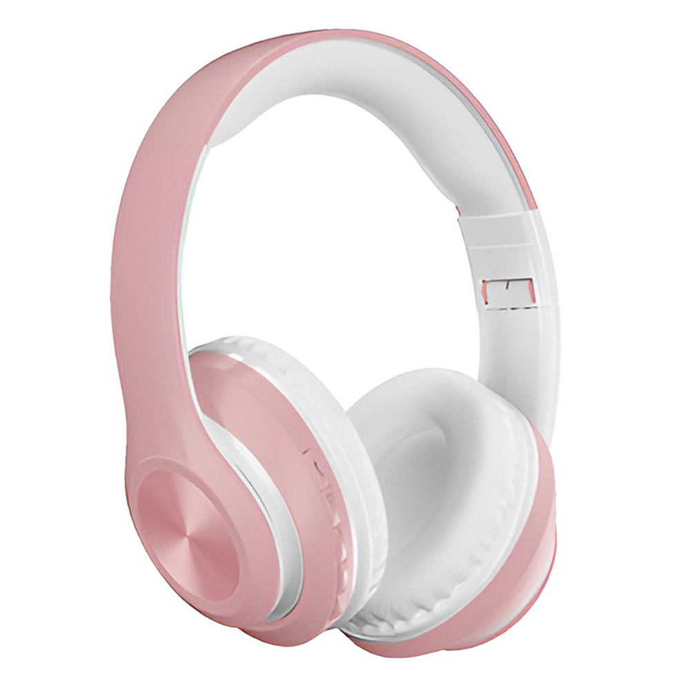 Rosa und weiße Kopfhörer. Das Kopfband ist innen weiß und außen rosa. Die Ohrmuscheln sind rosa mit weißer Polsterung.